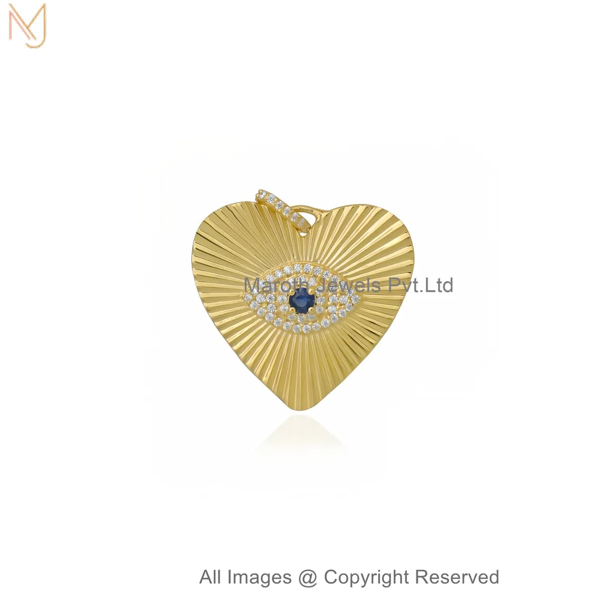 Private Lable 14K Yellow Gold Moissanite Sapphire Evil Eye Heart Pendant Radiant Eye Charm Textured Heart Jewelry