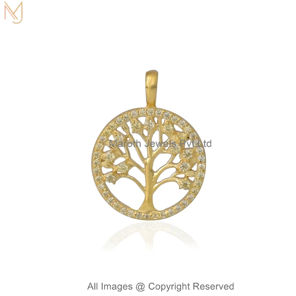Wholesale 14K Yellow Gold Sylvara Tree Disc Pendant with CZ Minimalist Nature Inspired Circle Charm Handmade Jewelry