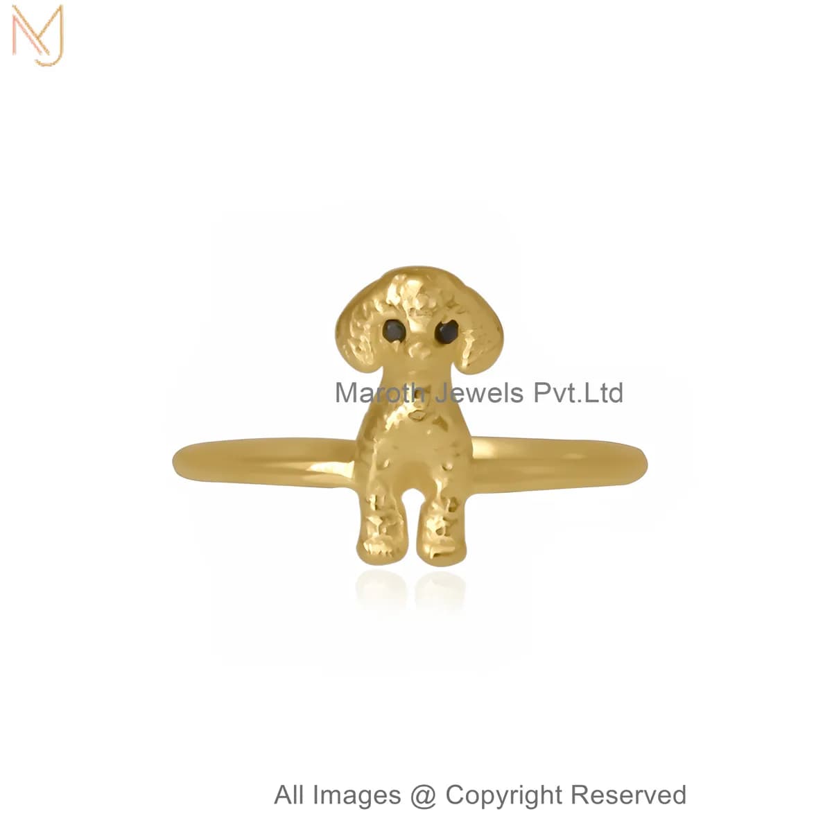 14K Yellow Gold Black CZ Velvet Poodle Minimalist Puppy Animal Ring Custom Jewelry