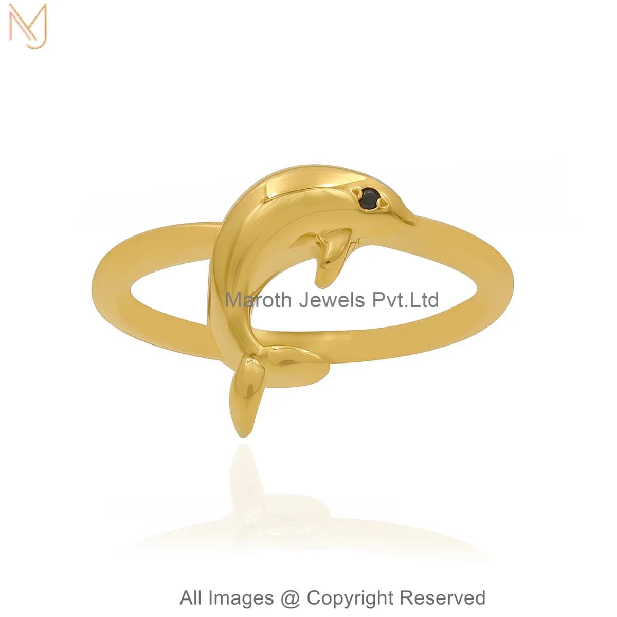 14K Yellow Gold Black Spinel Dolphin Ring Custom Jewelry