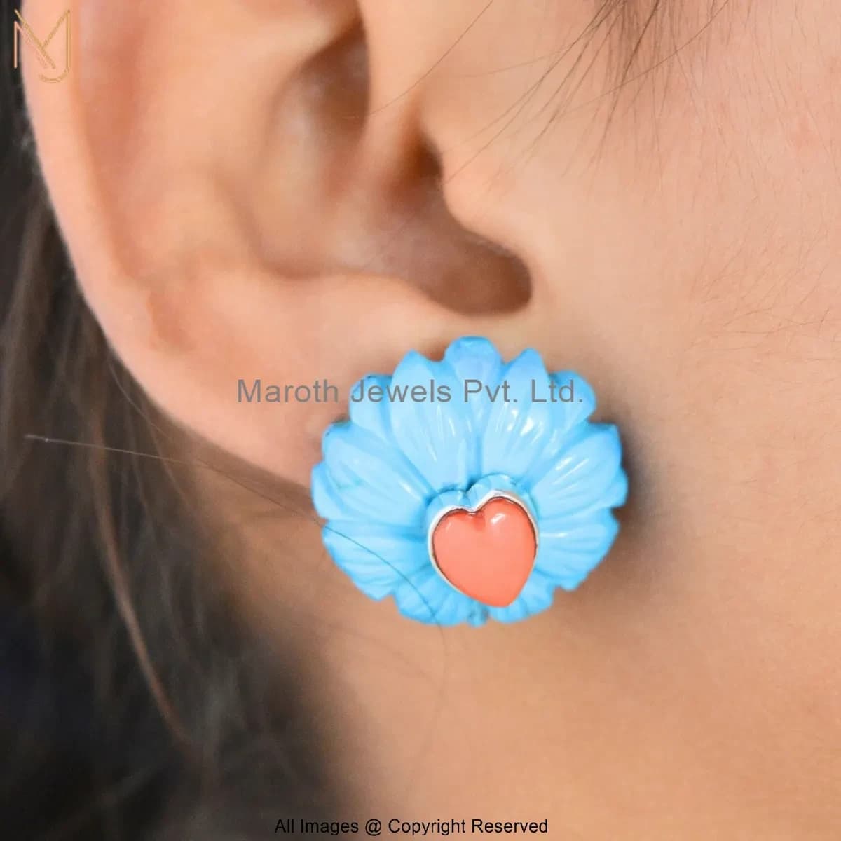 14K Yellow Gold Red Coral And Turquoise Flower Stud Earring Custom Jewelry