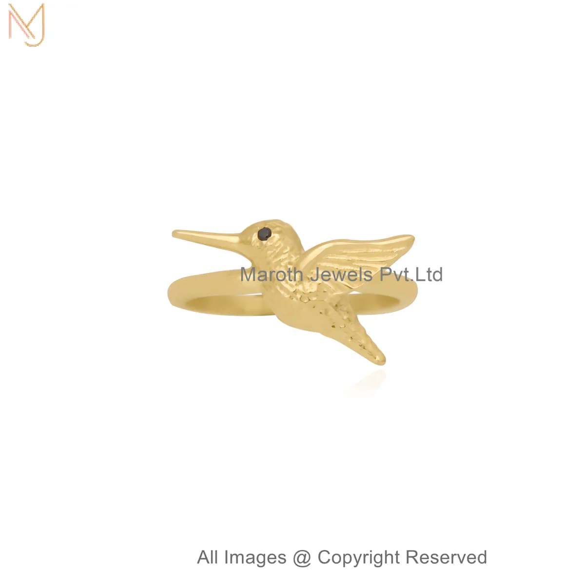 14K Yellow Gold Black CZ Hummingbird Charm Ring Custom Jewelry