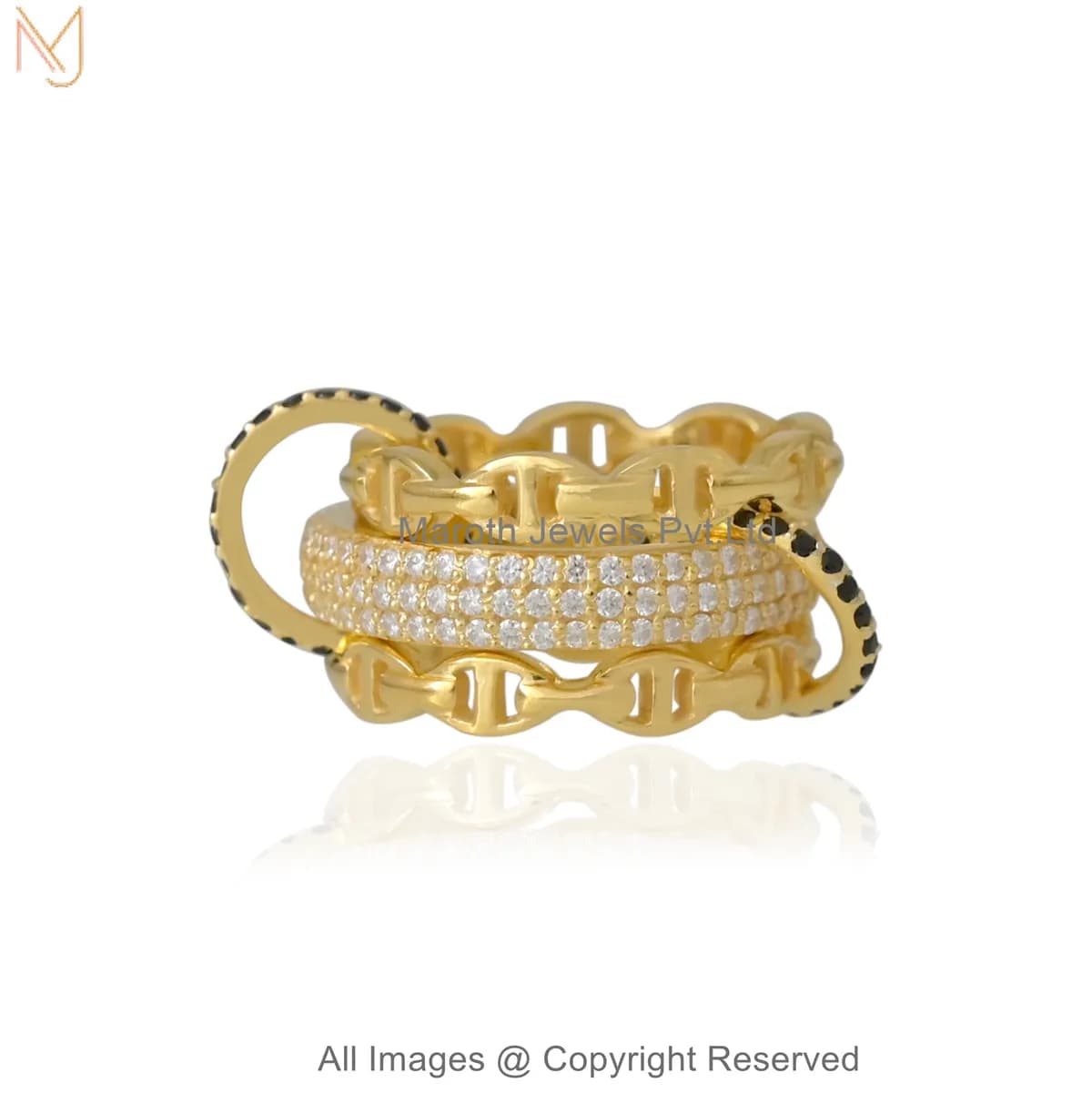 14K Yellow Gold Diamond Multi-Row CZ Chain Link Statement Ring Jewelry Supplier