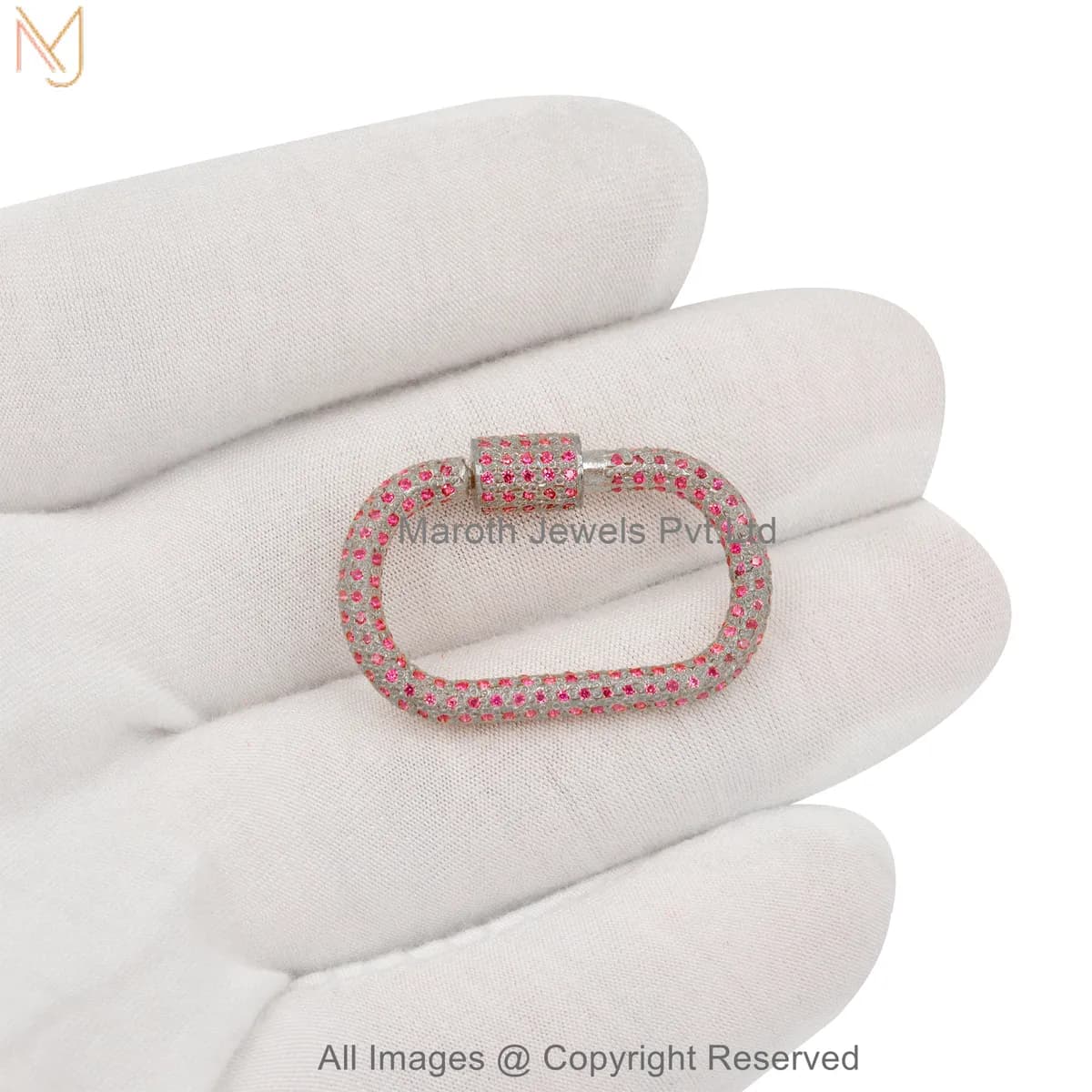 925 Sterling Silver White Gold Plated Pavé CZ Oval Carabiner Lock Screw Clasp Manufacturer