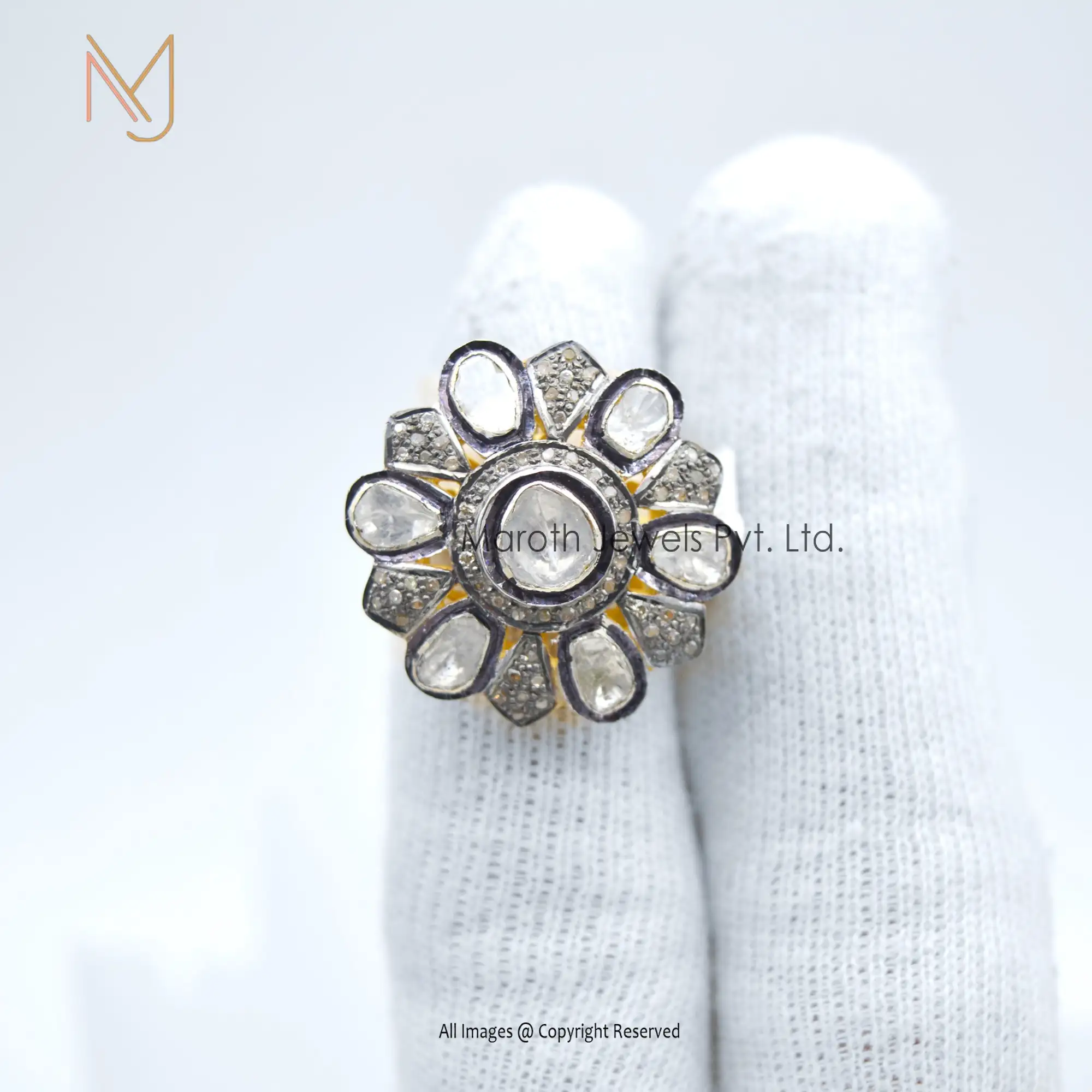 14k Yellow Gold Pave Diamond And Victorian Rose Cut Diamond Antique Ring Jewelry Manufacturer