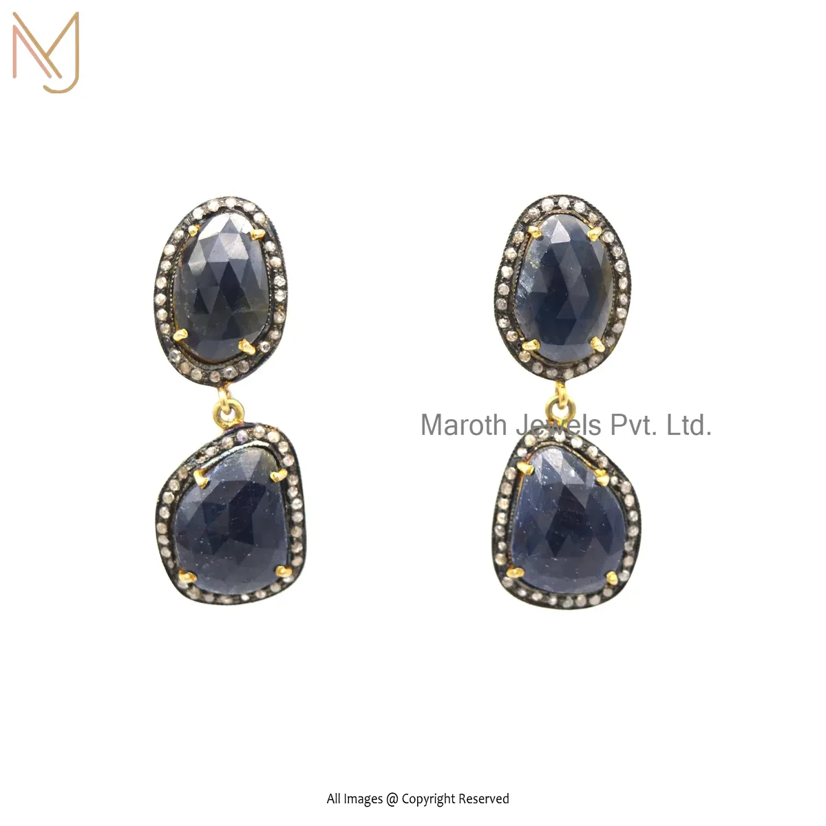 Wholesale 14K Yellow Gold Pave Diamond Designer Blue Sapphire Gemstone Earring