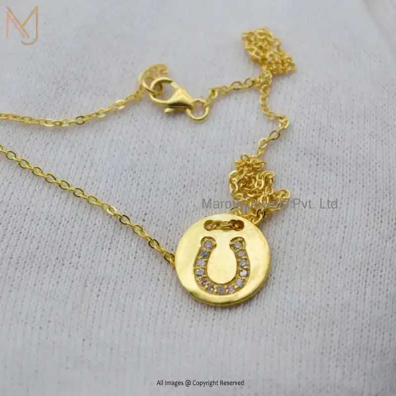 Private Lable 14K Yellow Gold Horseshoes Pave Diamond Disc Pendant Jewelry