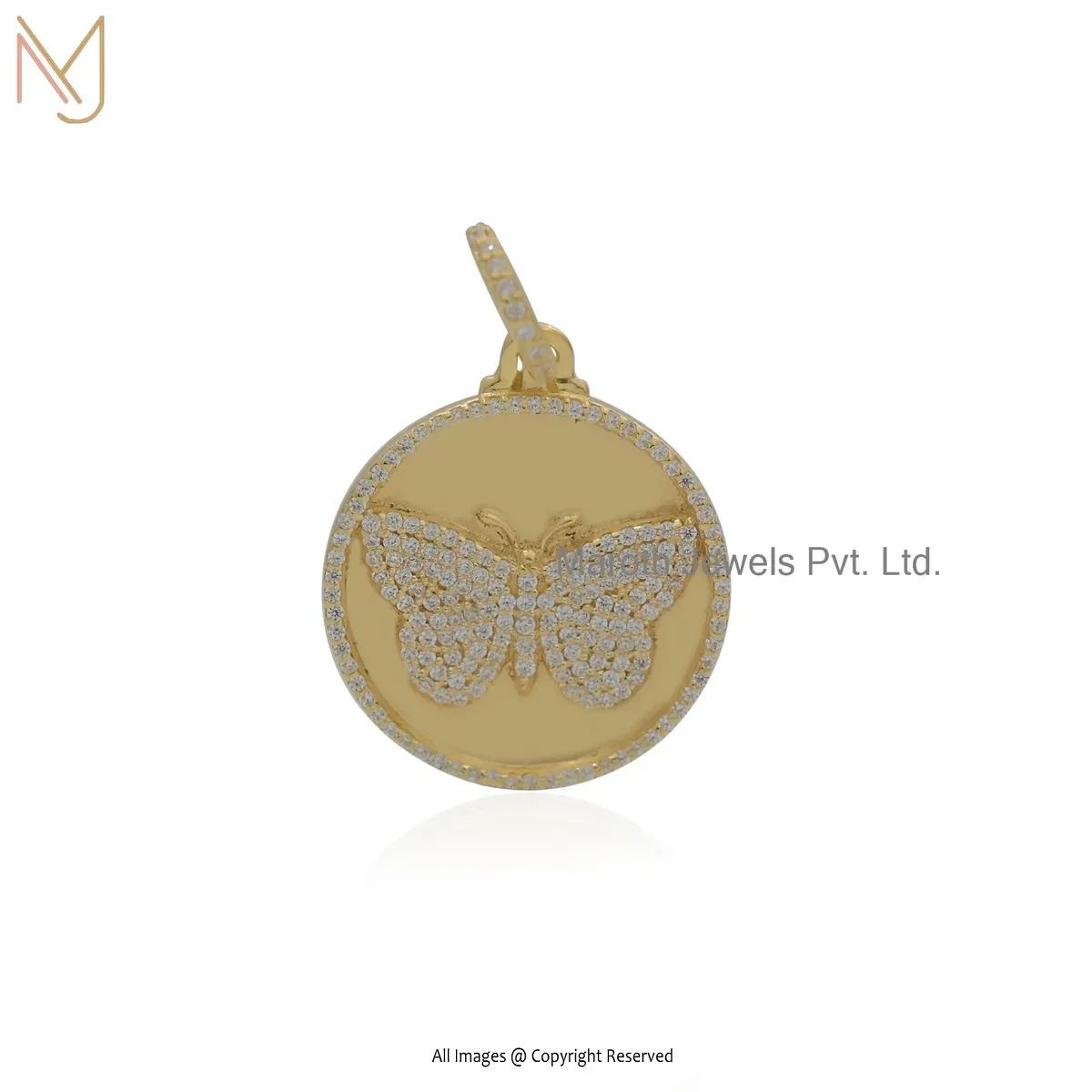 Wholesale 925 Silver Yellow Gold Plated Cubic Zircon Butterfly Medallion Charm Pendant