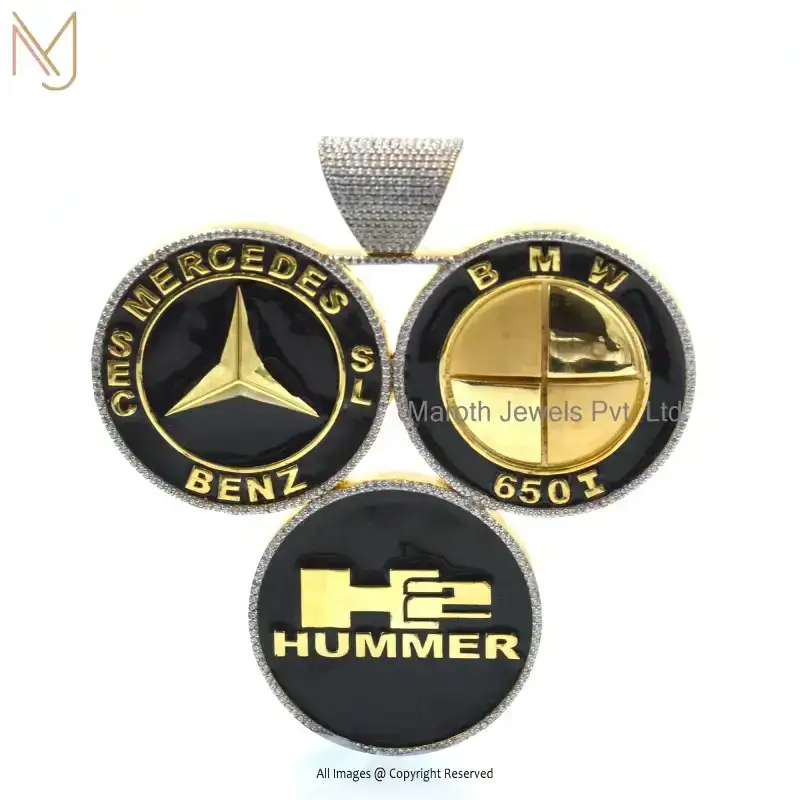 14K Yellow Gold And White Gold Enamel Cubic Zircon Double Side Logos Mercedes Pendant USA