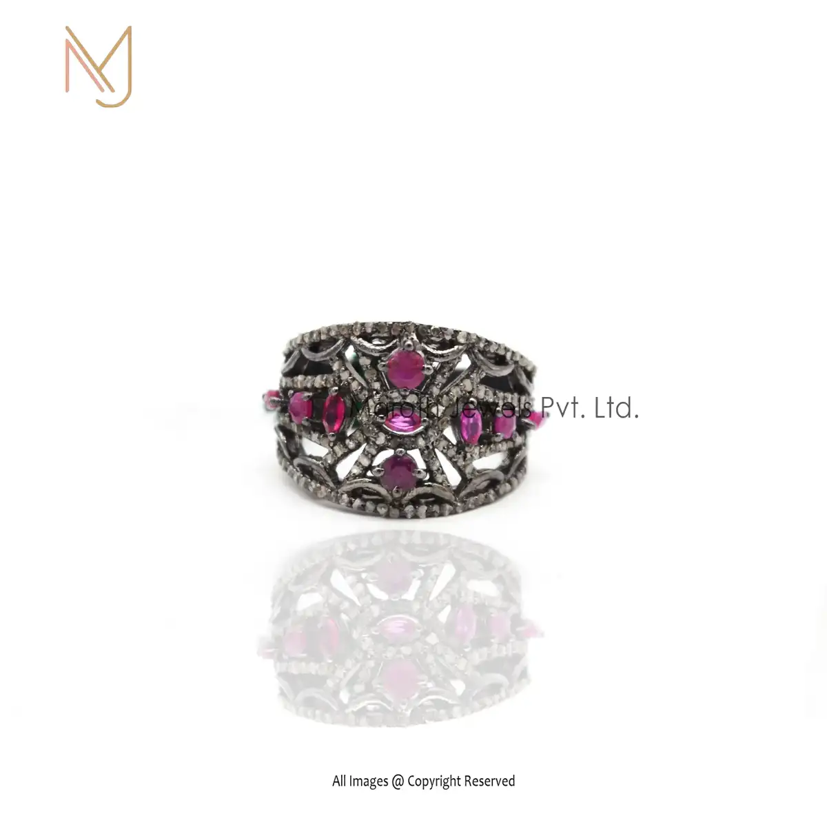 925 Silver Rhodium Plated Pave Diamond And Pink Sapphire Gemstone Ring Jewelry Manufacturer