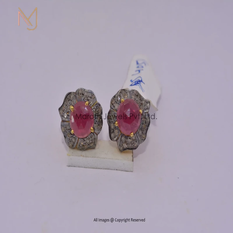925 Silver Yellow Gold Black Rhodium Plated Pave Diamond Ruby Gemstone Studs Earrings Wholesale