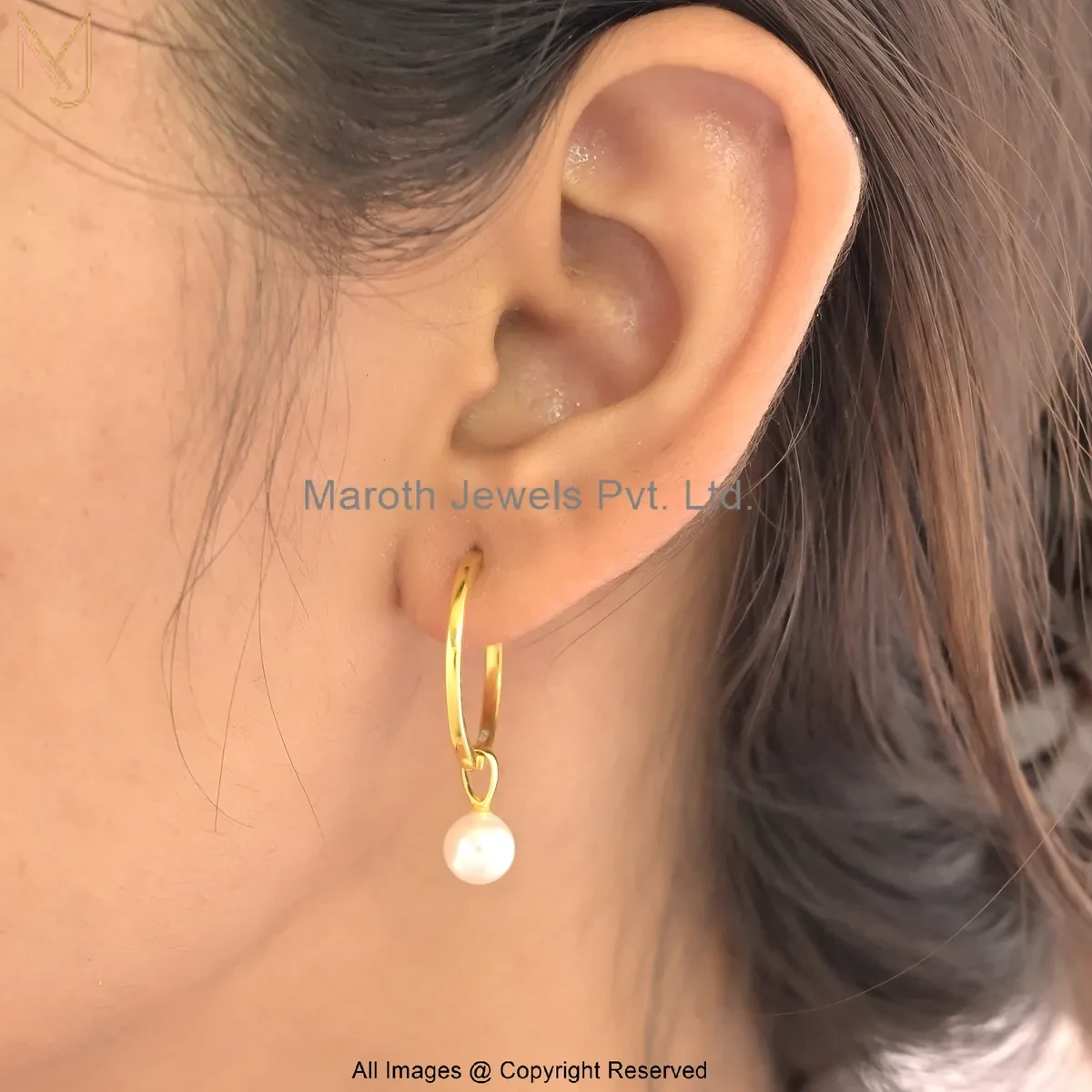 14K Yellow Gold Pearl Hoop Earring Custom Jewelry