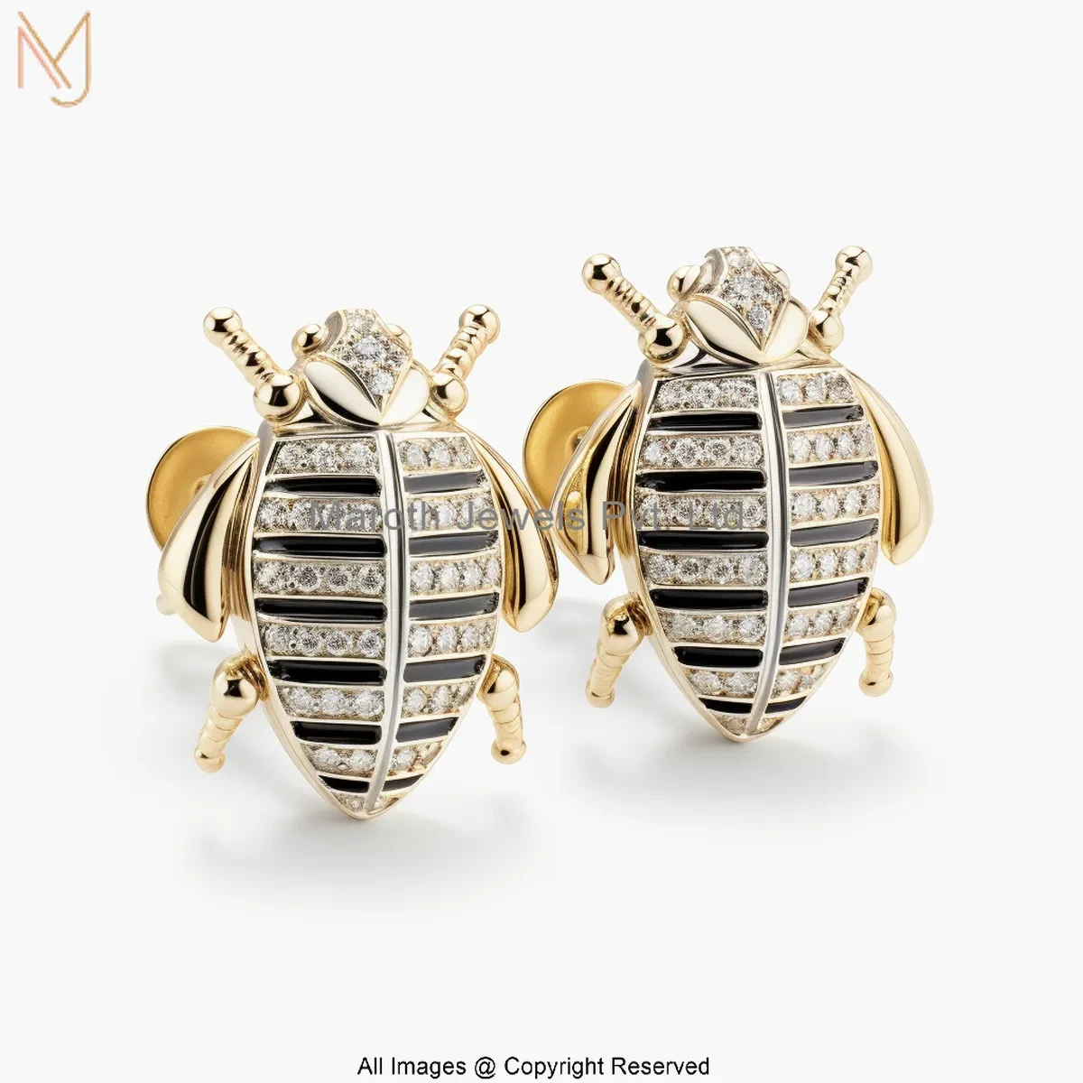 14K Yellow Gold Moissanite Diamond Scarab Stud Earring Custom Jewelry