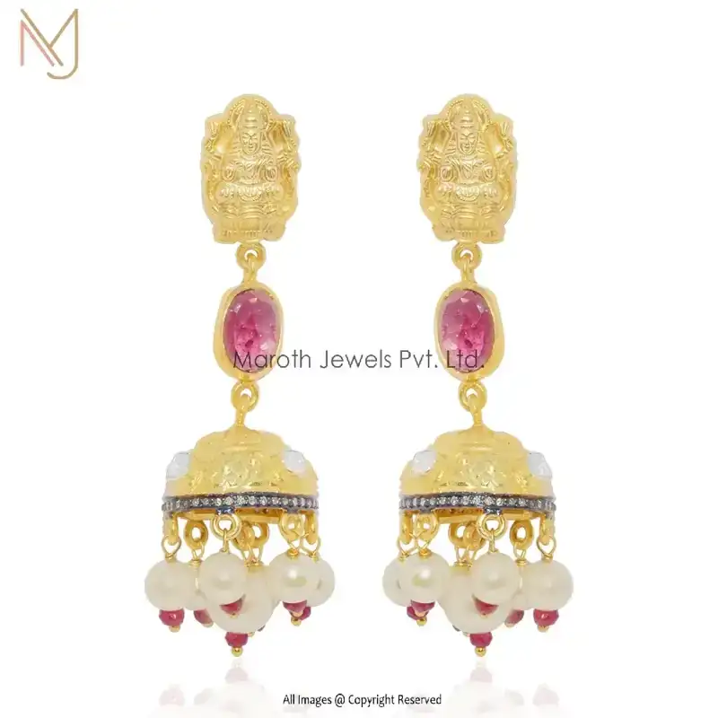 92.5 Silver Rhodium Yellow Gold Plated Rose Cut Diamond Ruby Gemstone & Pearl Gemstone Jhumka Earrings