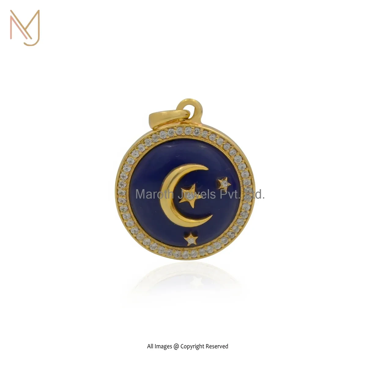 Wholesale 925 Silver Yellow Gold Plated Cubic Zircon & Lapiz Lazuli Star Moon Pendant