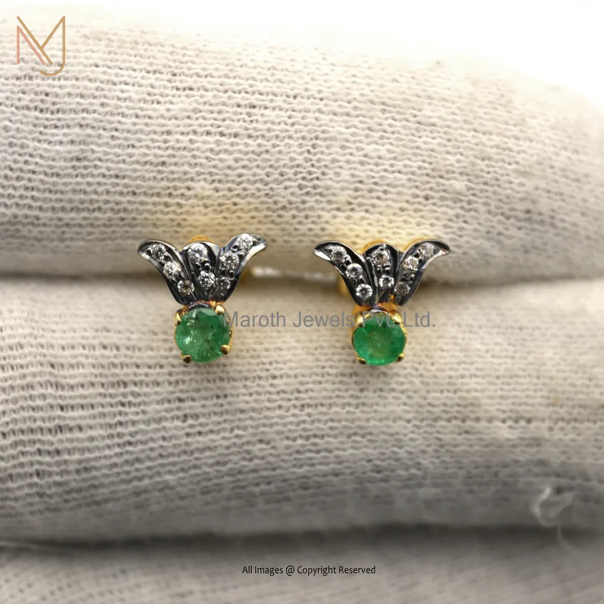 14K Yellow Gold Pave Diamond Emerald Gemstone Stud Earring Custom Jewelry