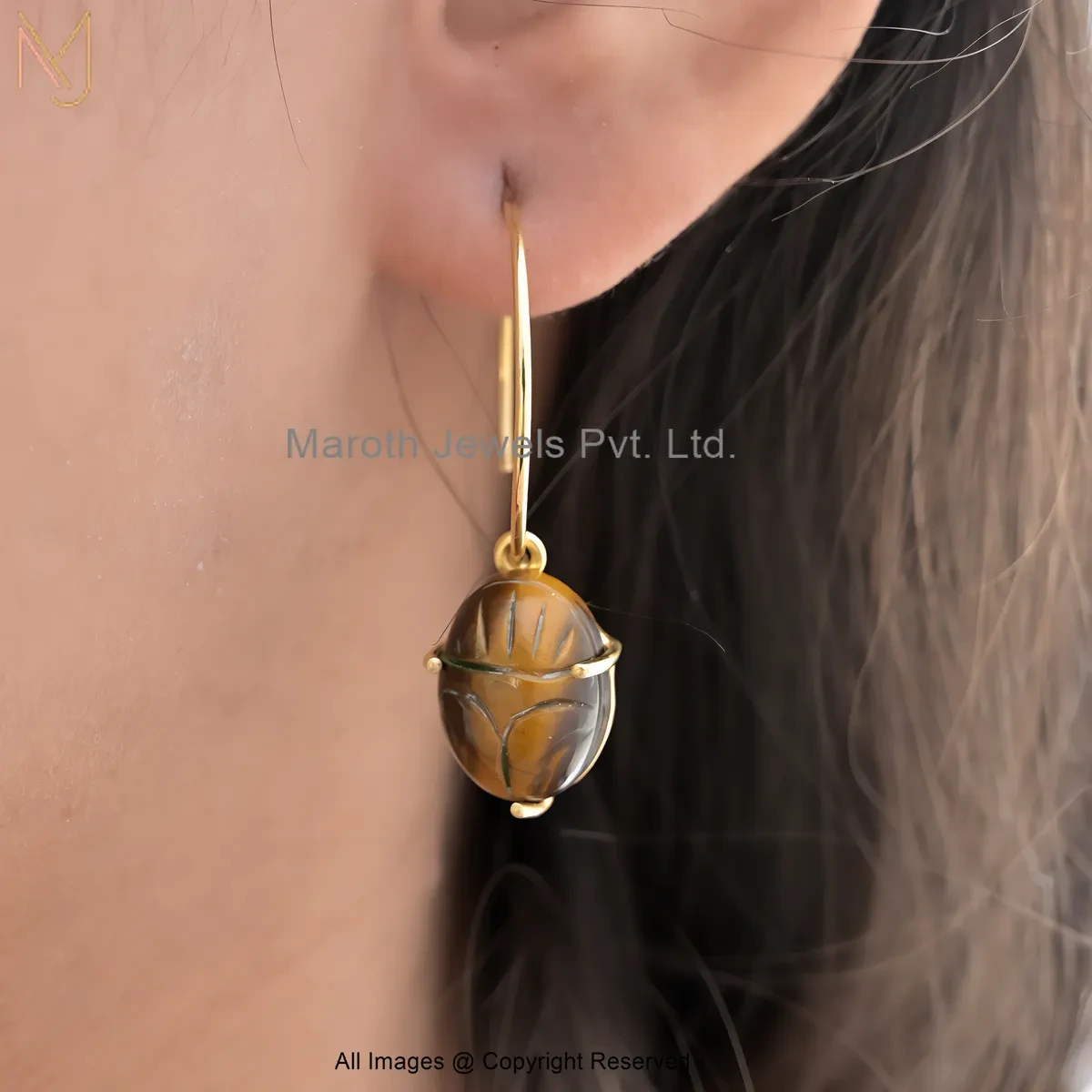 14K Yellow Gold Gemstone Scarab Drop Earring Jewelry Supplier