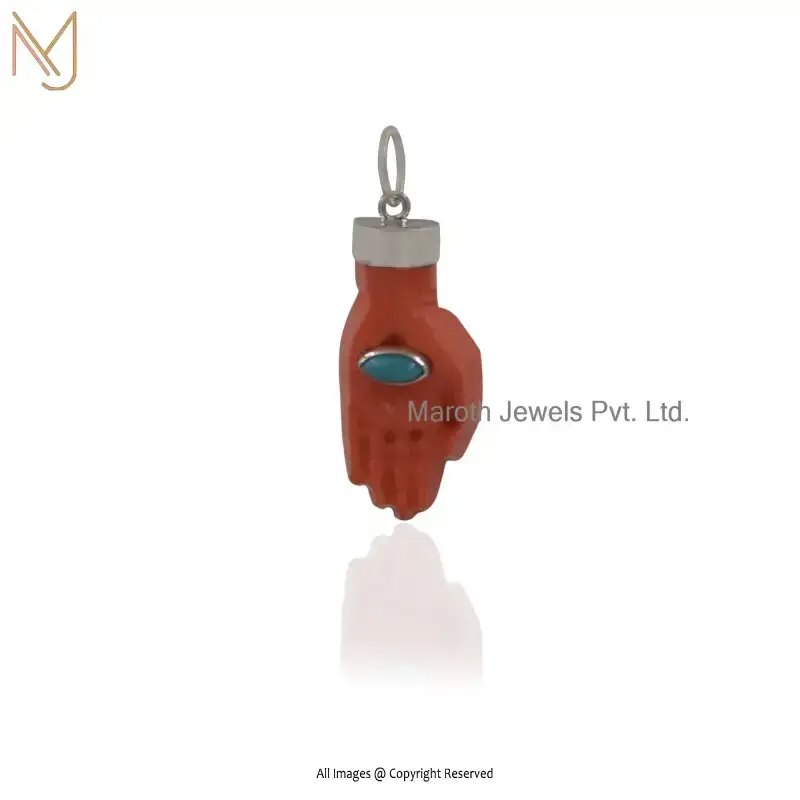 925 Sterling Silver Yellow Gold Plated Orange Coral And White CZ Coral Hamsa Hand Charm Pendant USA