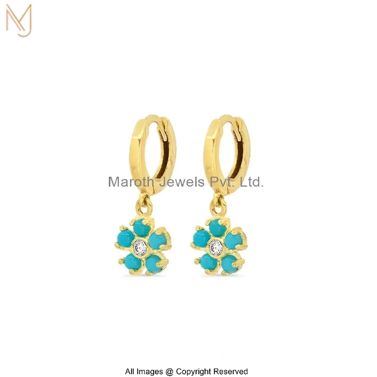 14K Yellow Gold Diamond Turquoise Flower Hoop Huggies Earring Manufacturer
