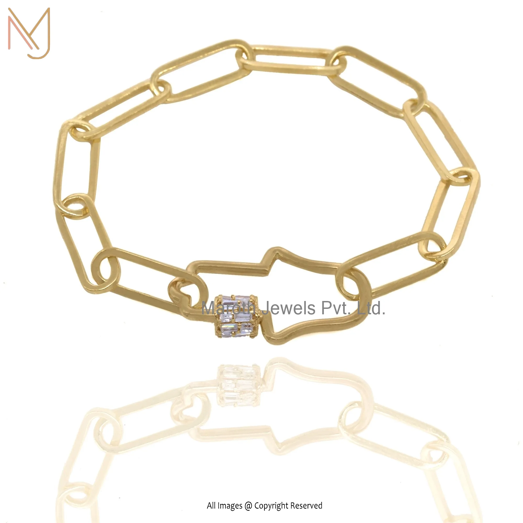 14k Yellow Gold Topaz Baguettes Hamsa Paperclip Chain Bracelet Manufacturer