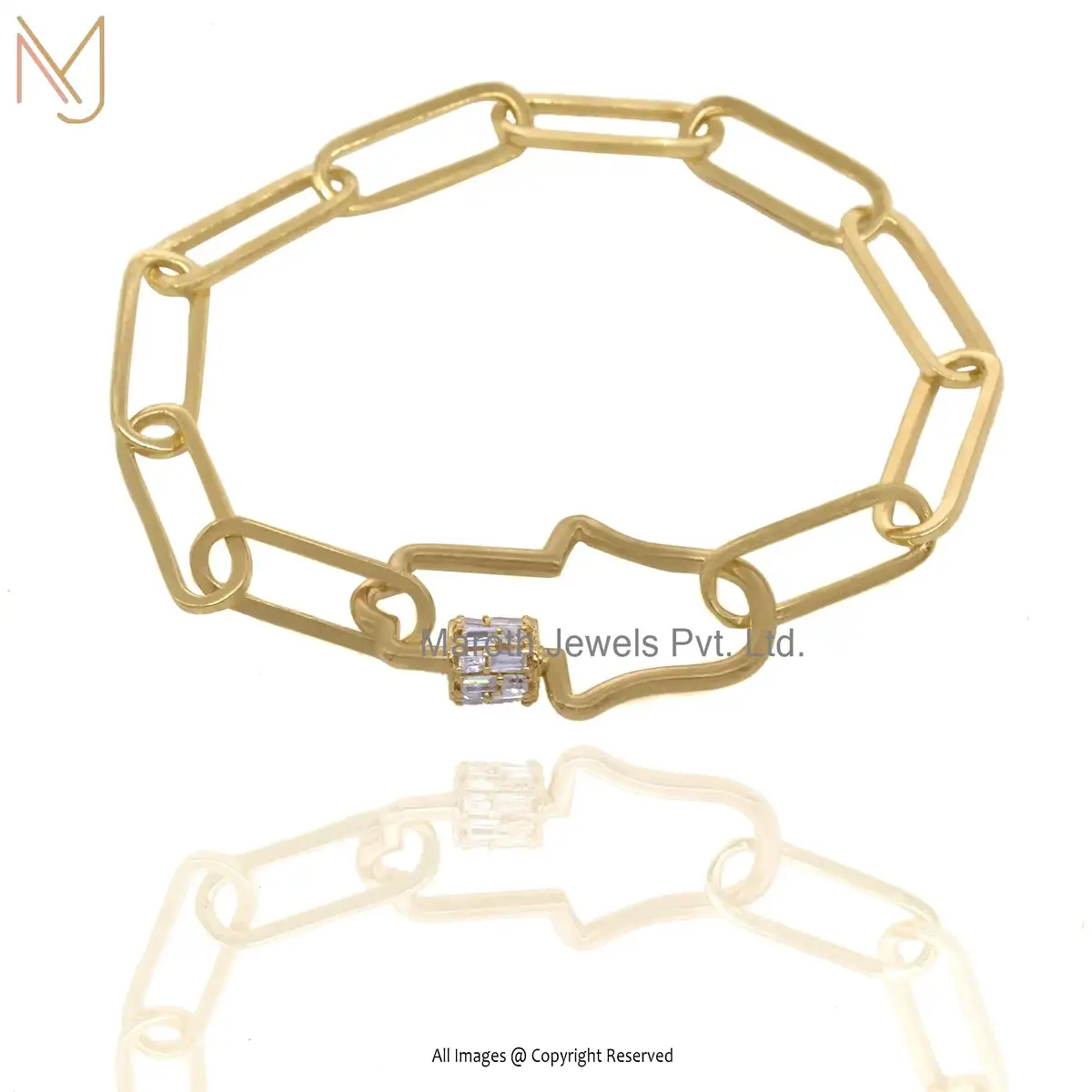 925 Silver Yellow Gold White Topaz Baguettes Hamsa Paperclip Chain Bracelet Manufacturer