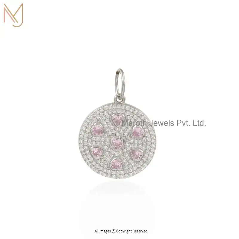 925 Sterling Silver White Gold Plated Pink Sapphire CZ And Round Pave Diamond Heart Pendant Manufacturer