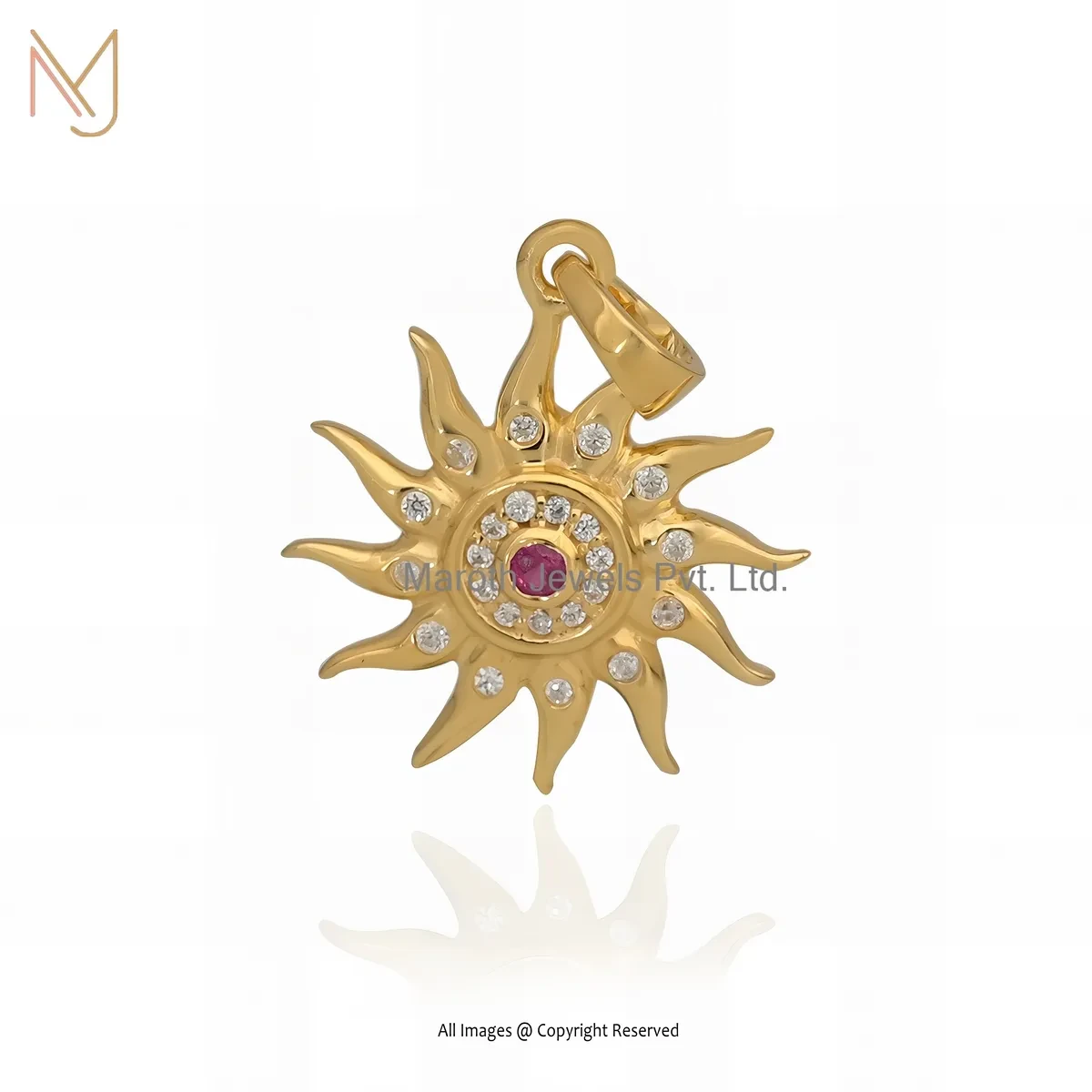 Private Lable 14K Yellow Gold Ruby Cubic Zircon Gemstone Sun Pendant Jewelry