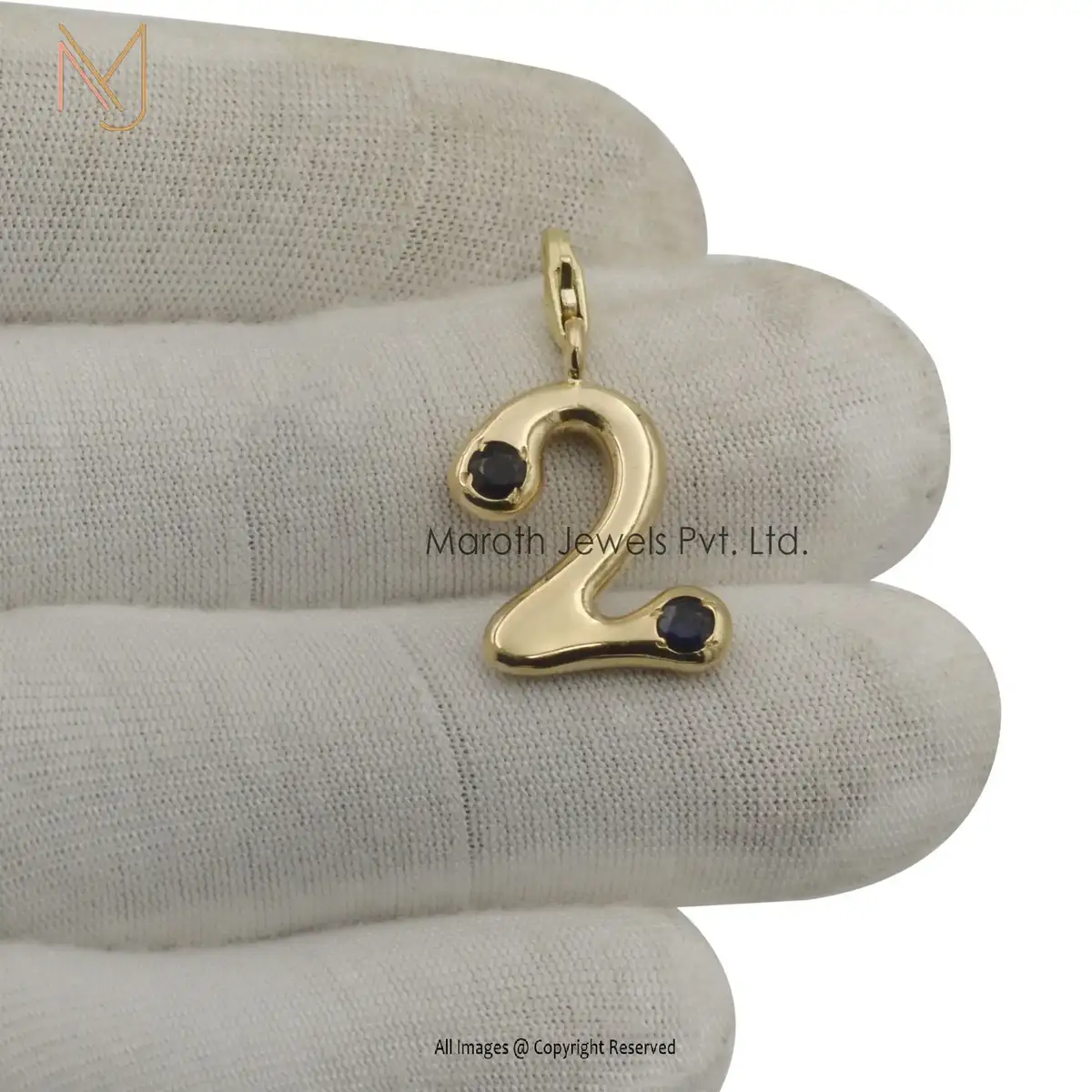 14K Soild Yellow Gold Blue Sapphire 2 Number Pendant Jewelry USA