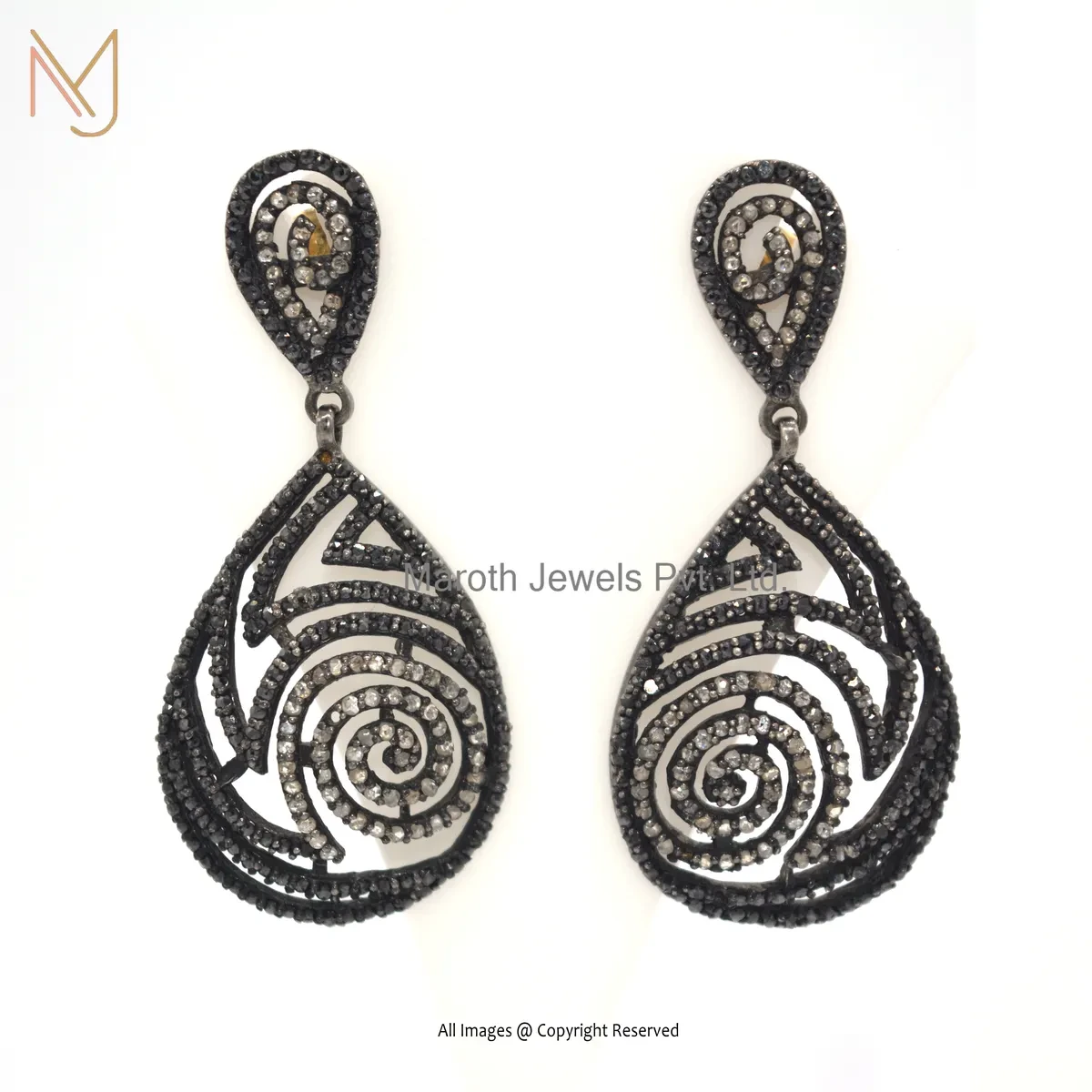 925 Silver Rhodium Yellow Gold Plated Pave Diamond & Black Diamond Drop Earring Jewelry Supplier