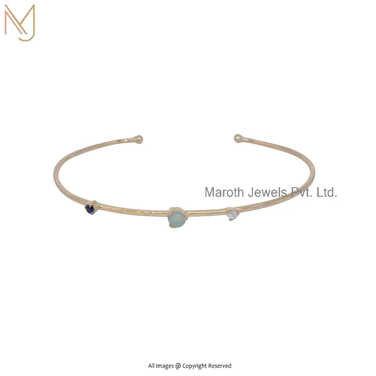 925 Silver Yellow Gold Opal Diamond & Blue Sapphire Cuff Bangle Custom Jewelry
