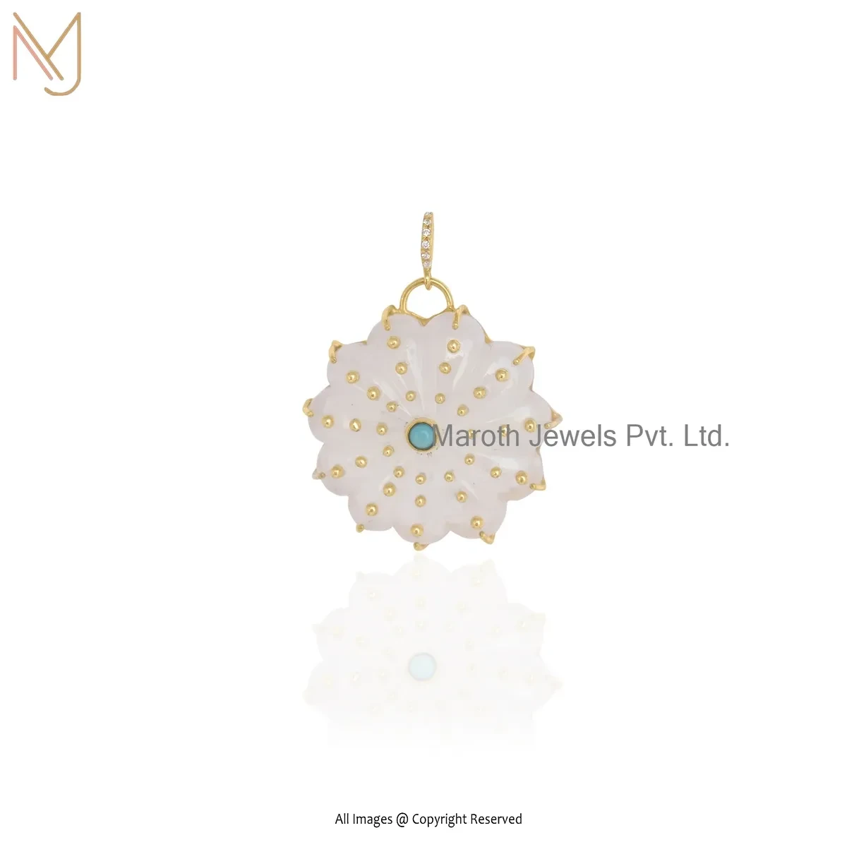 Private Lable 14K Yellow Gold Moonstone & Turquoise Gemstone Flower Pendant