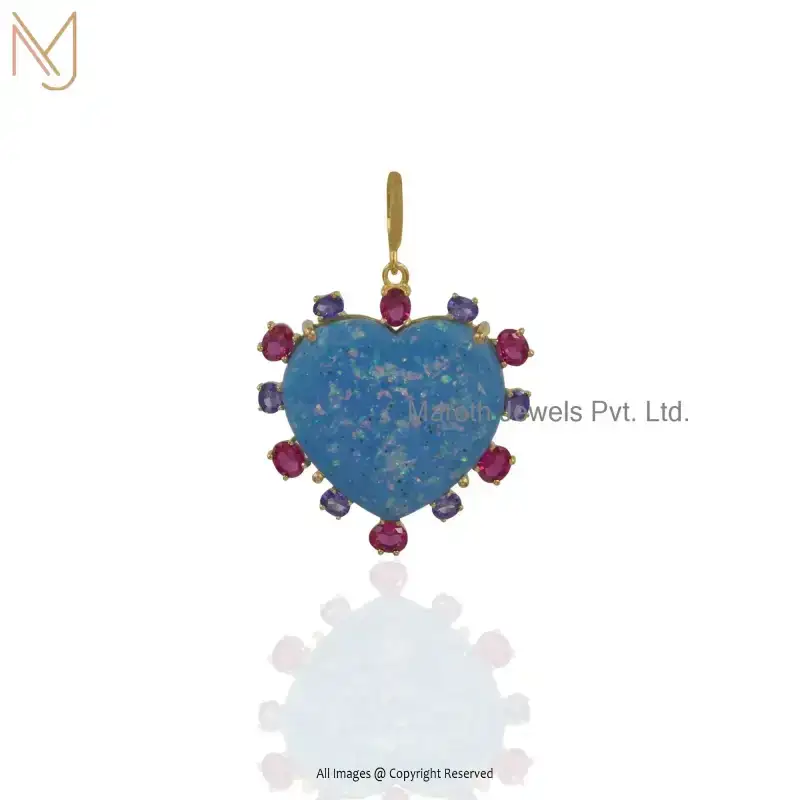 Private Lable 14K Yellow Gold Blue Fire Opal Cubic Zircon Heart Pendant