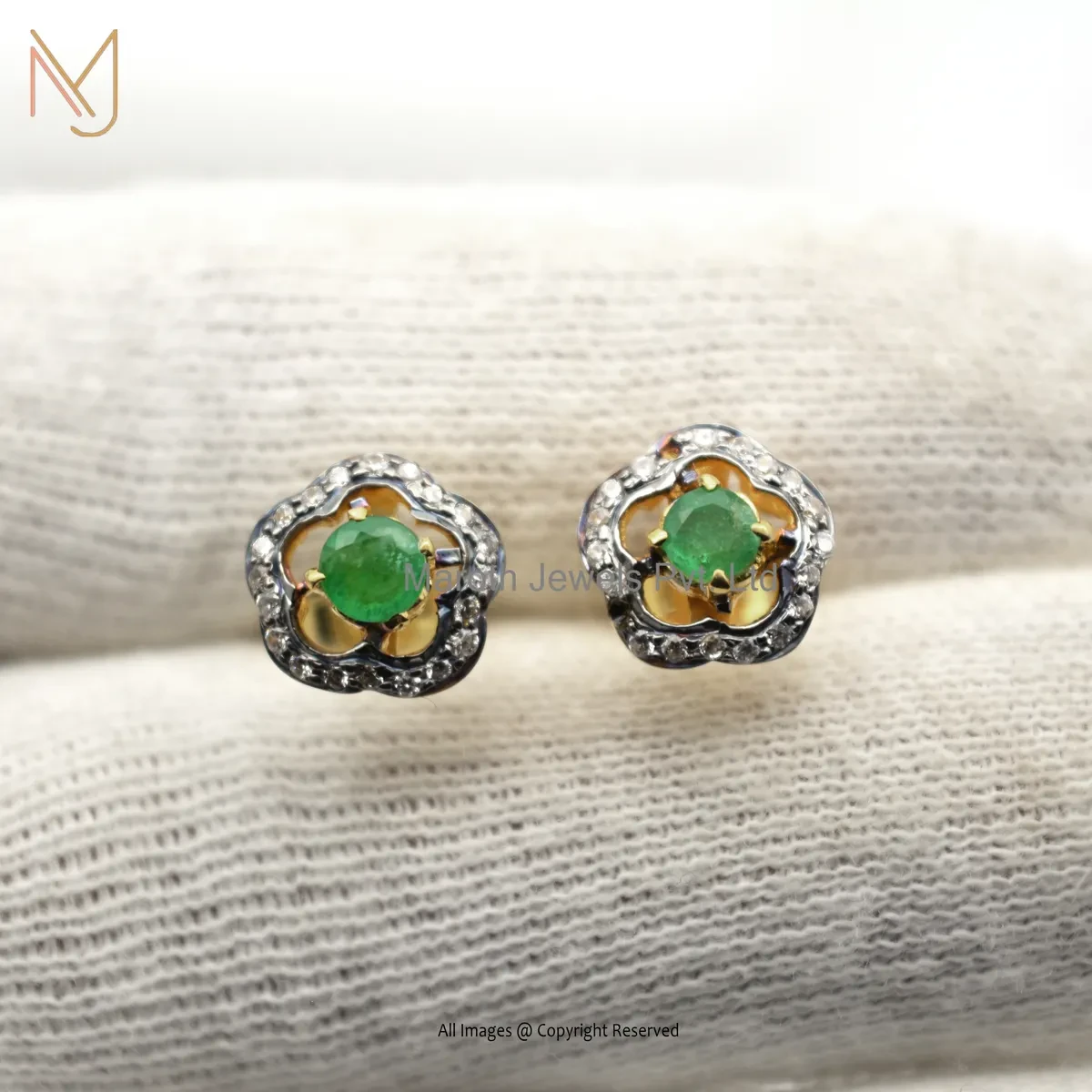14K Solid Yellow Gold Pave Diamond Emerald Gemstone Stud Earring Custom Jewelry