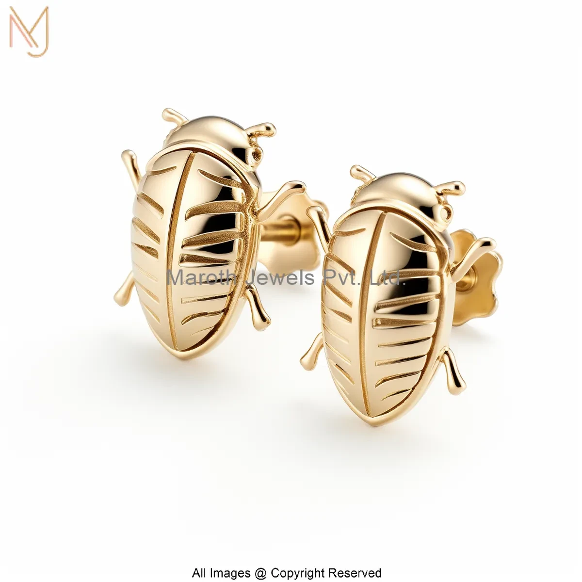 14K Yellow Gold Scarab Beetle Studs Earring Jewelry Supplier