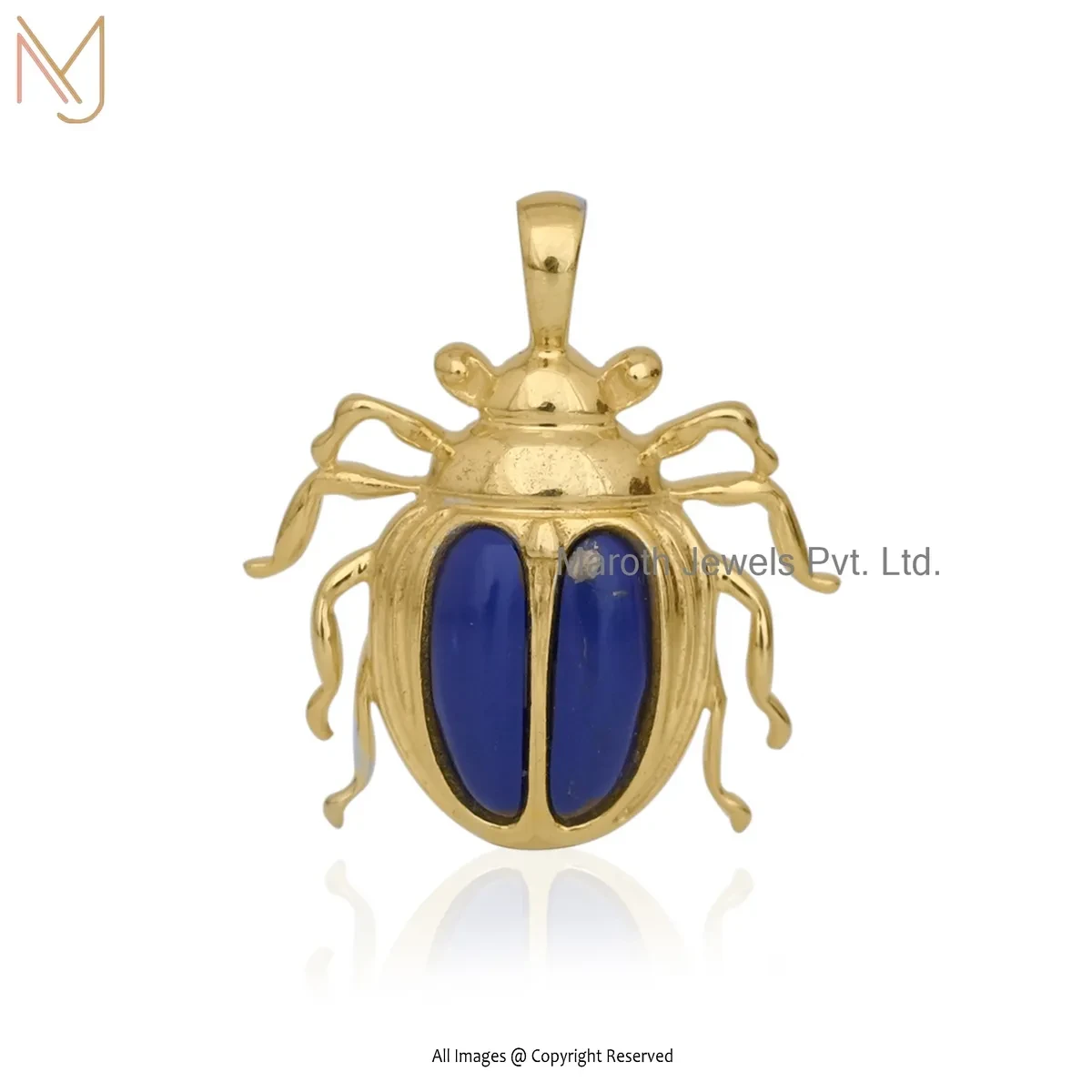 Private Lable 925 Silver Yellow Gold Plated Lapiz Lazuli Gemstone Scarab Charm Pendant