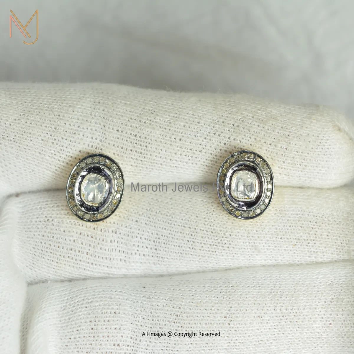 925 Silver Rhodium Yellow Gold Plated Pave Diamond Rose Cut Polki Diamond Stud Earring Jewelry Supplier