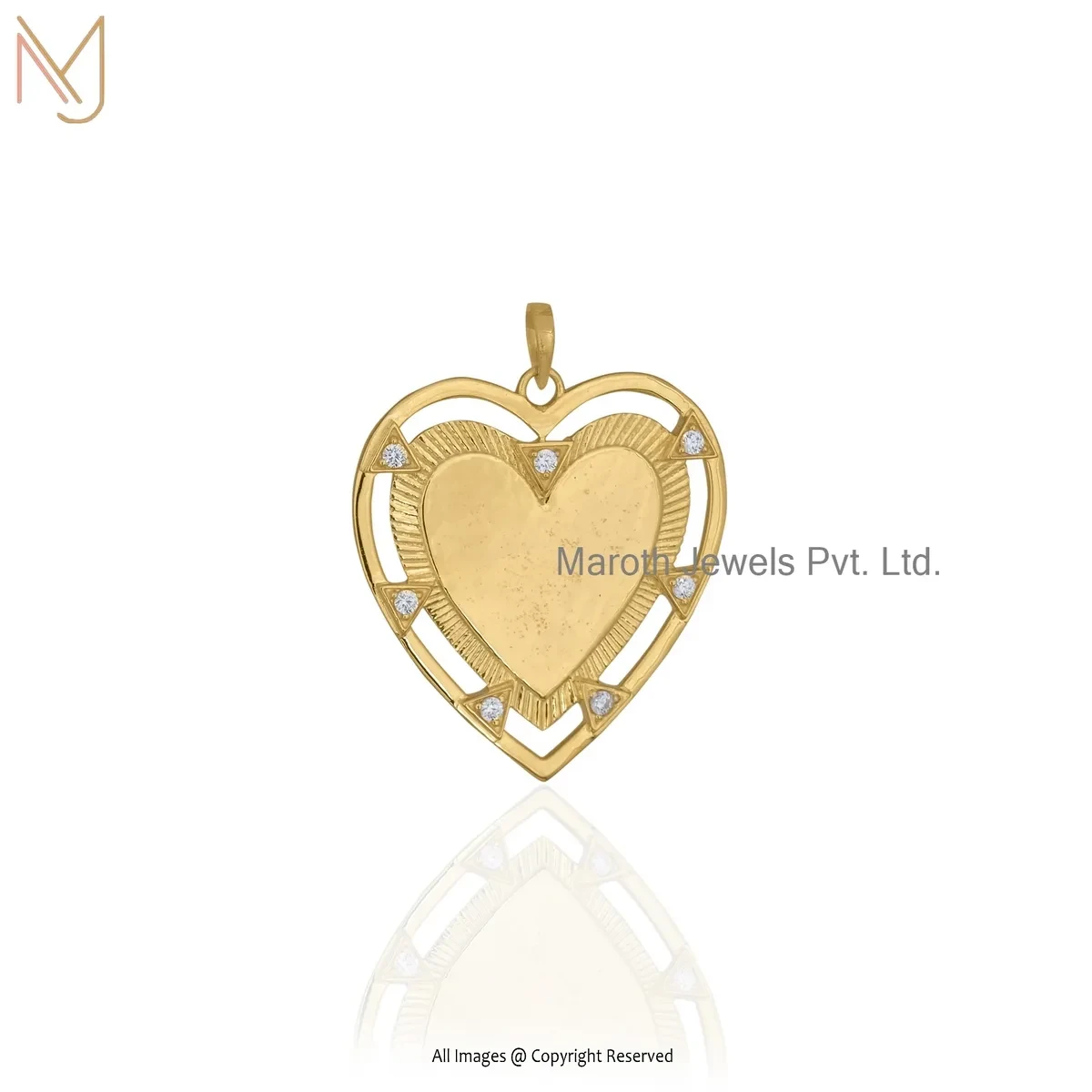 14K Yellow Gold Cubic Zircon Fluted Heart Pendant Jewelry Supplier