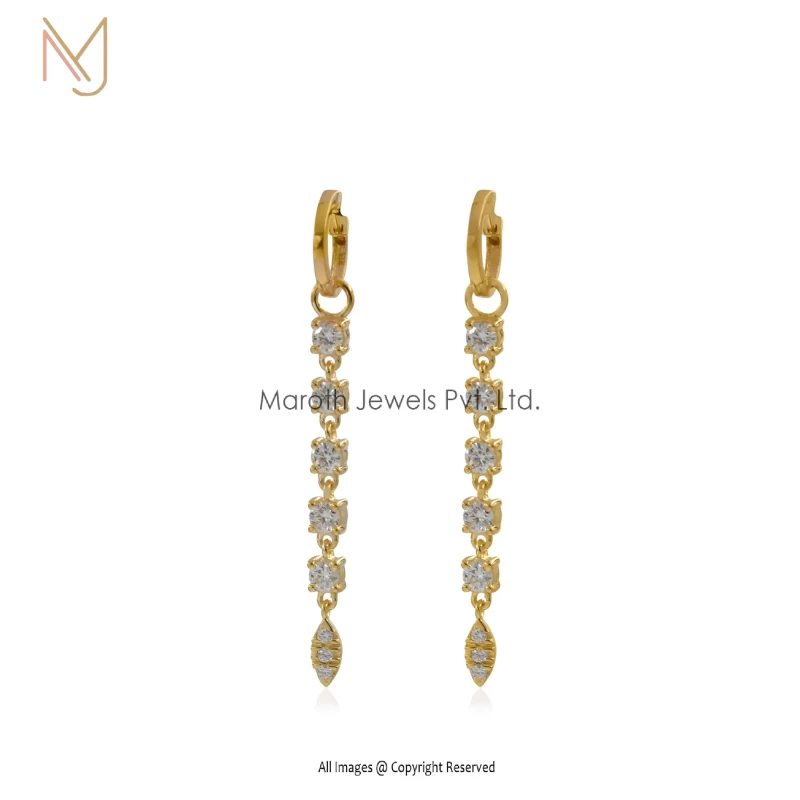 925 Silver Yellow Plated Thin Drop Huggie Earrings with Moissanite CZ Gemstone Manufacturer