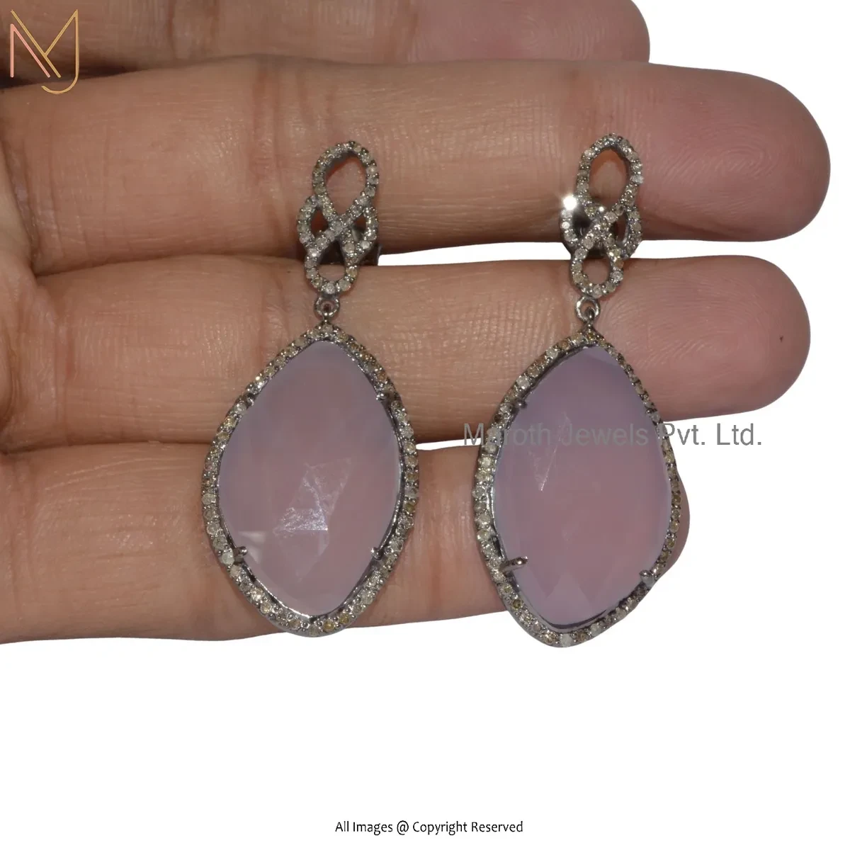 925 Silver Rhodium Plated Pave Diamond Rose Quartz Drop Earring Custom Jewelry