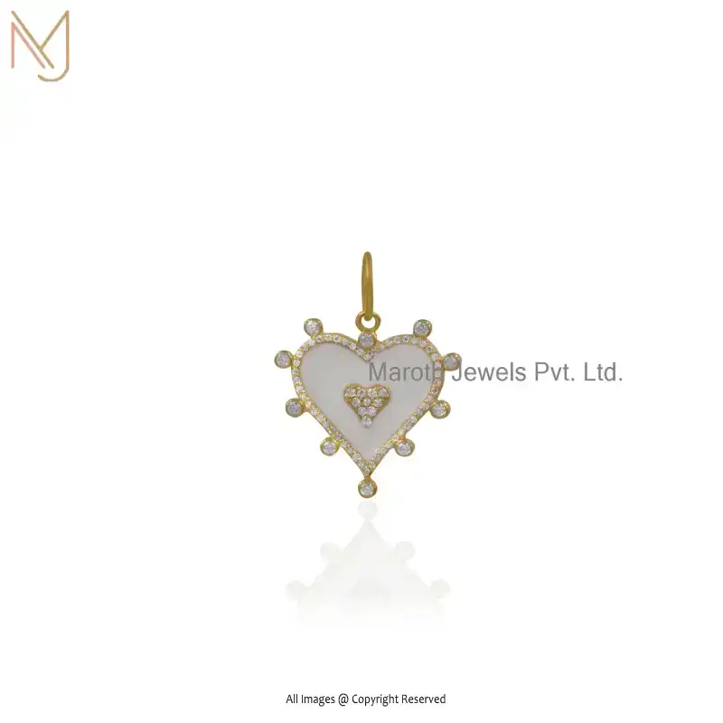 Wholesale 14K Yellow Gold Heart Shape & Enamel White Cubic Zircon Gemstone Pendant