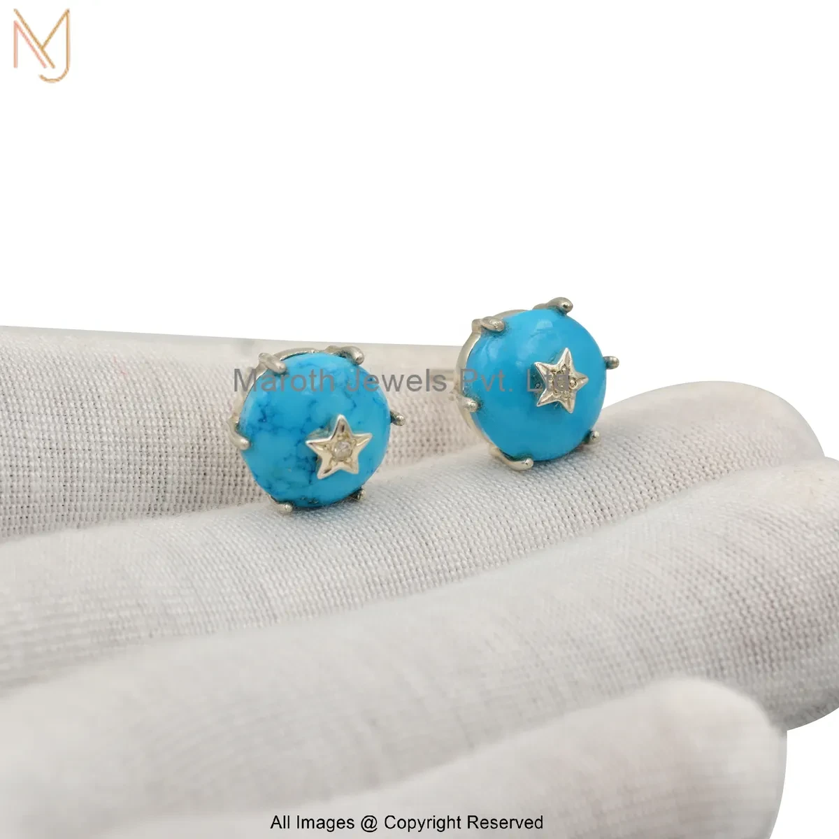 925 Silver Yellow Gold Plated Diamond Star Design Turquoise Stud Earring Custom Jewelry