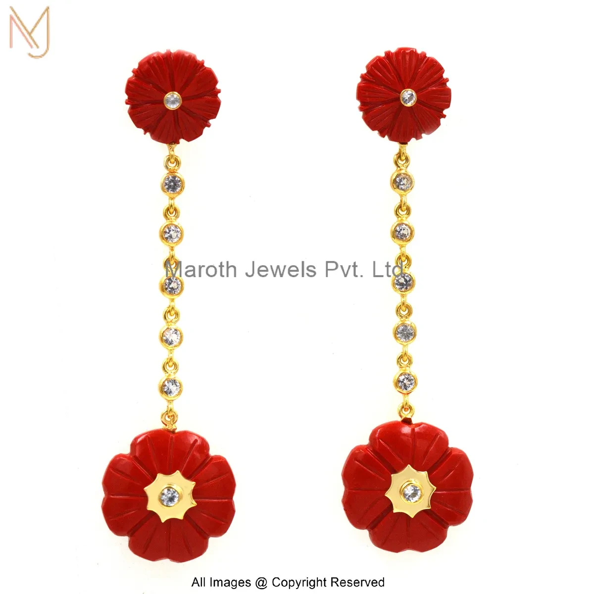Private Lable 925 Silver Yellow Gold Plated Cubic Zircon Red Coral Carved Flower Dangle Earring