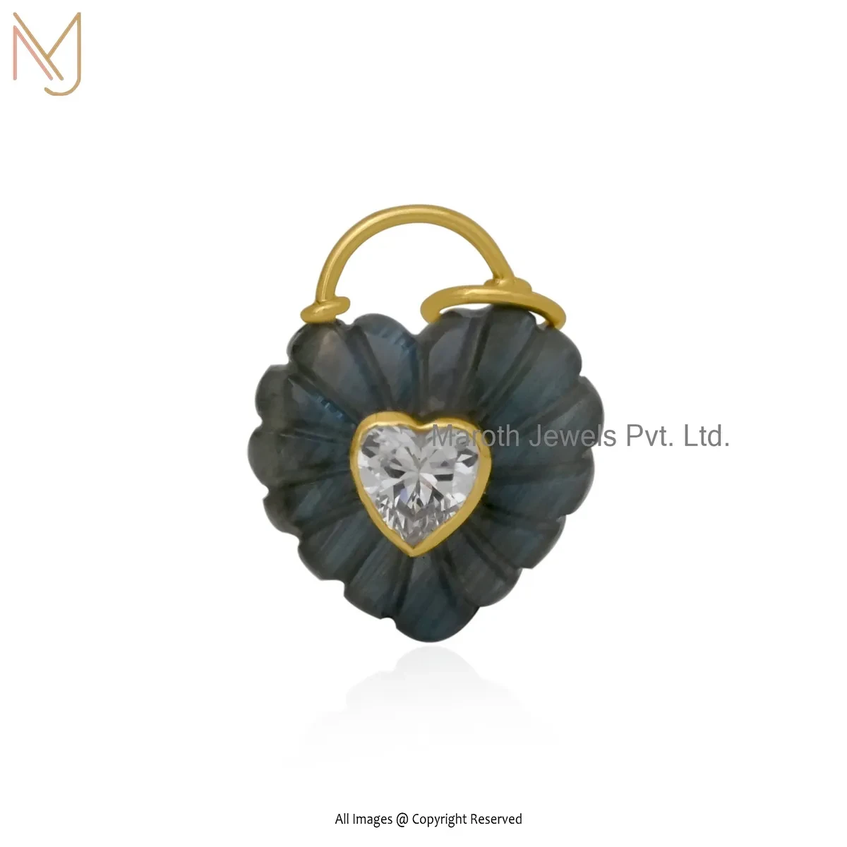 14K Yellow Gold Labradorite And Cubic Zircon Heart Pendant Jewelry USA