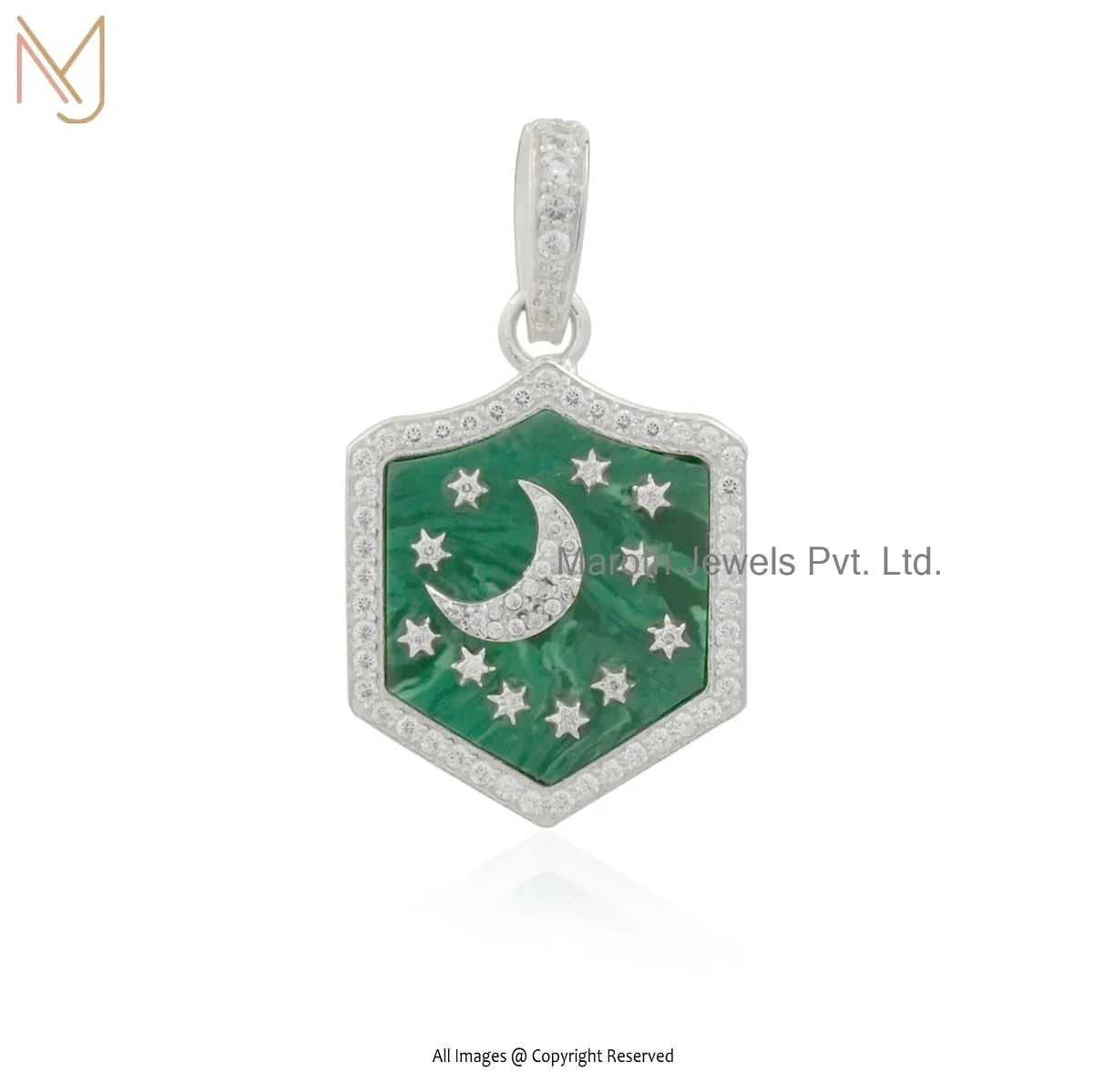 925 Silver Natural Silver Plated Cubic Zircon & Malachite Gemstone Star Moon Hexagon Pendant USA
