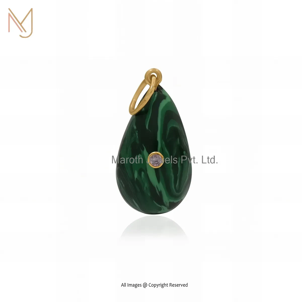 Wholesale 14K Yellow Gold Pink Cubic Zircon & Malachite Gemstone Teardrop Pendant