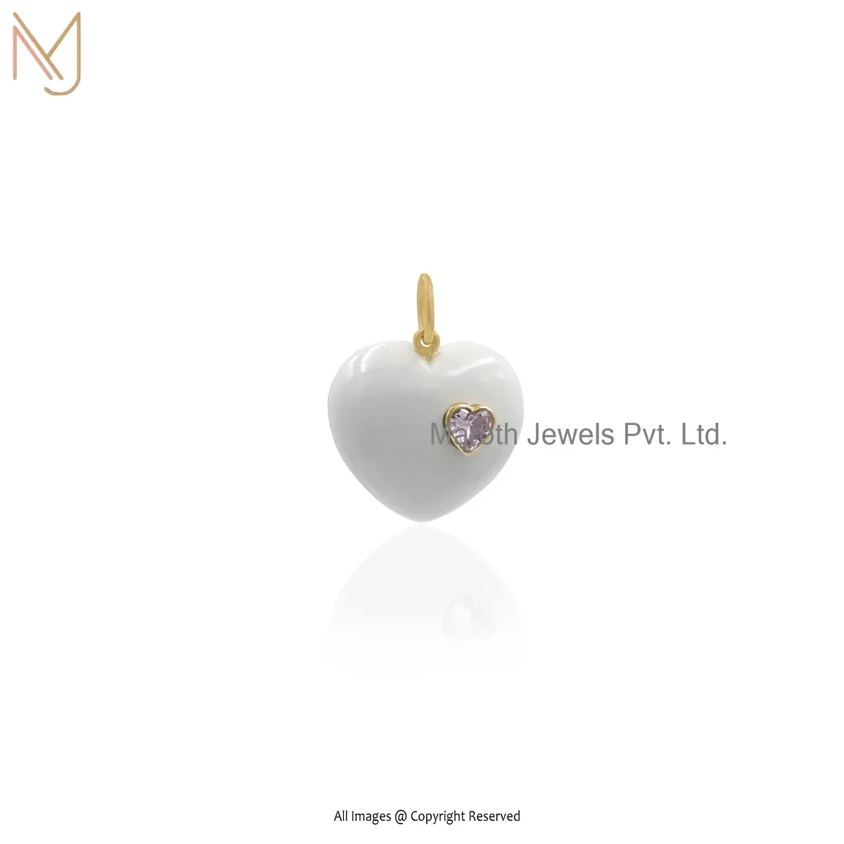Wholesale 925 Silver Yellow Gold Plated Pink Cubic Zircon & White Agate Gemstone Heart Pendant