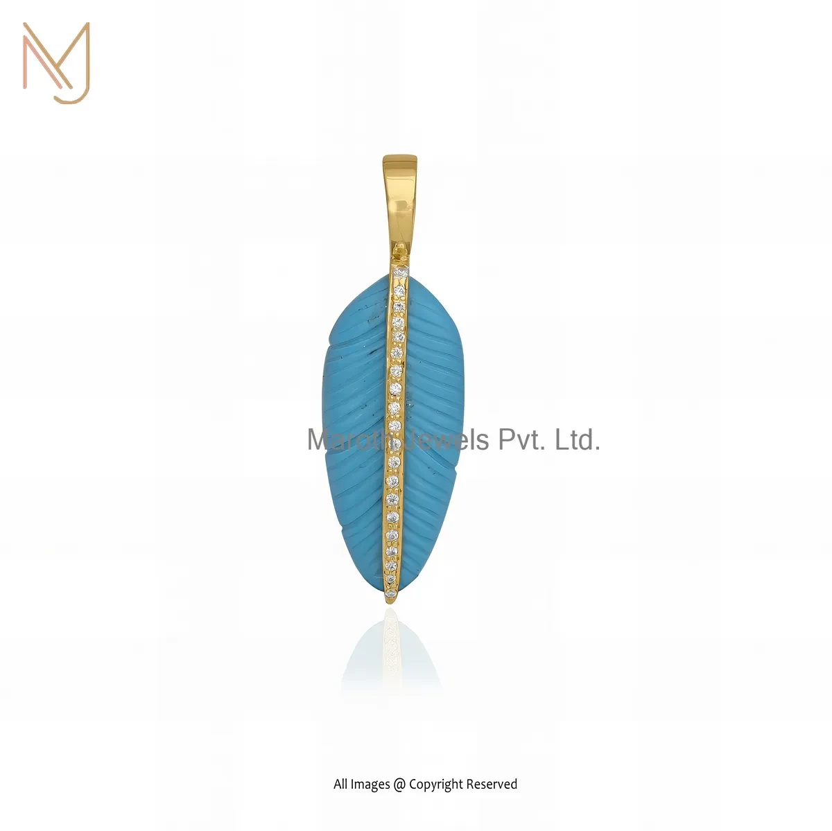 Wholesale 925 Silver Yellow Gold Plated Cubic Zircon & Turquoise Gemstone Feather Pendant