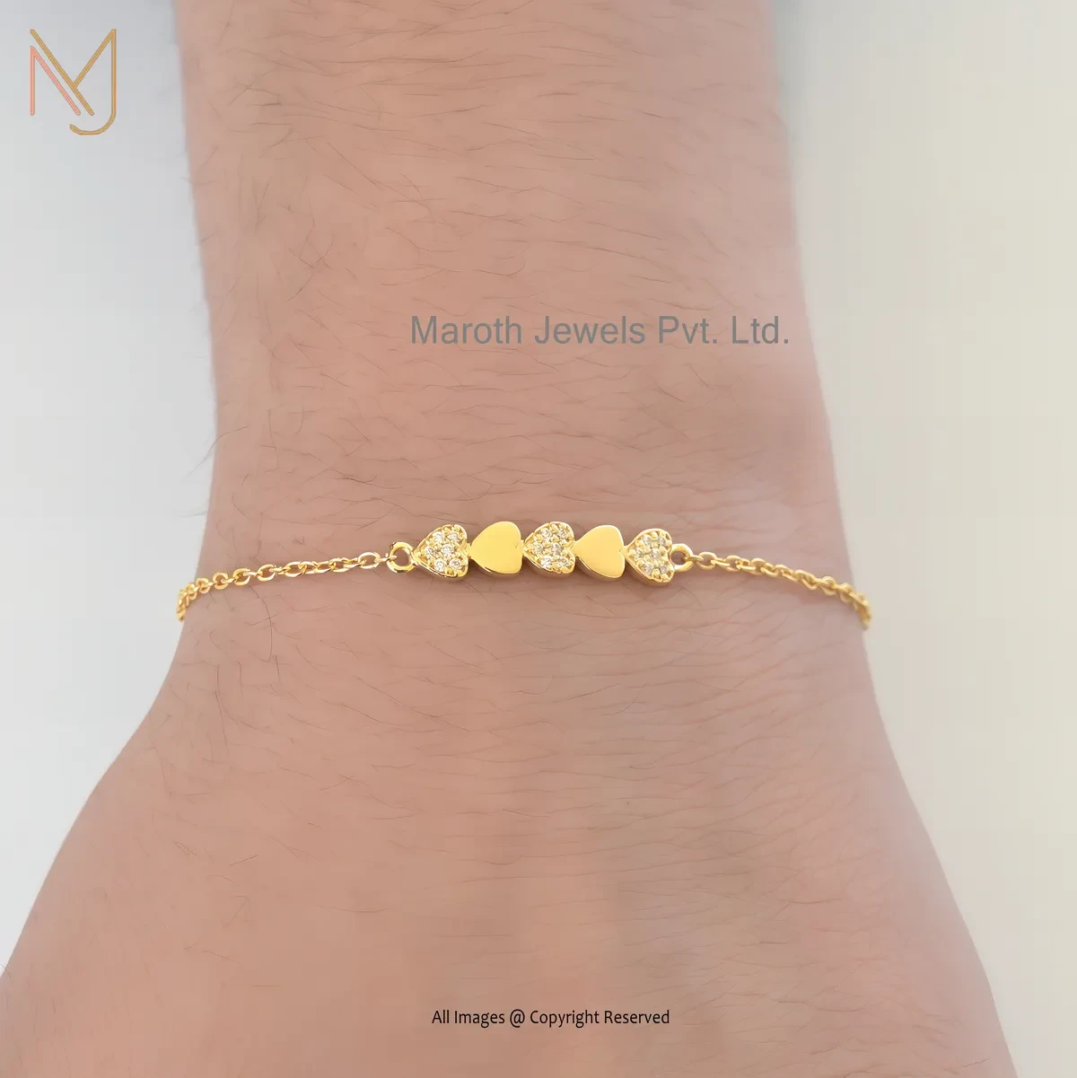 Private Lable 14K Yellow Gold Cubic Zircon Heart Cable Chain Bracelet