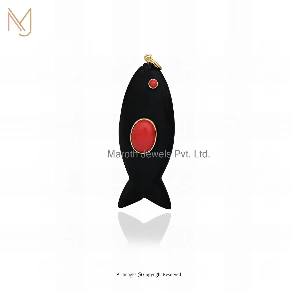 925 Silver Yellow Gold Plated Turqouise And Malachite & Red Coral Gemstone Fish Pendant USA