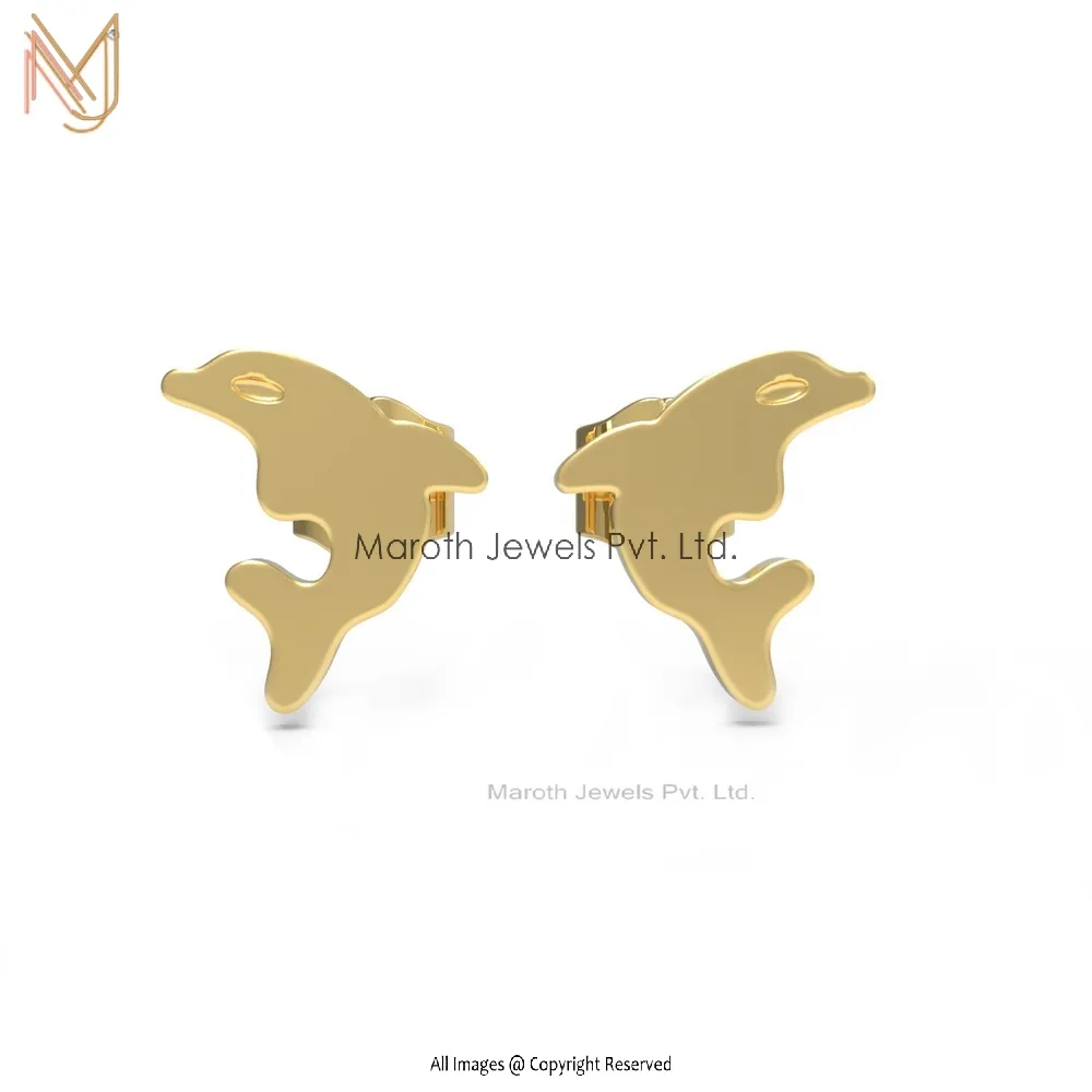 Wholesale 14K Yellow Gold Dolphin Studs Earrings Handmade Jewelry